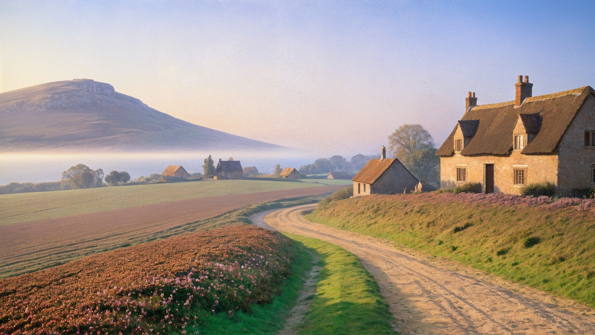 Serene Countryside Scene with Cottages and Wildflowers