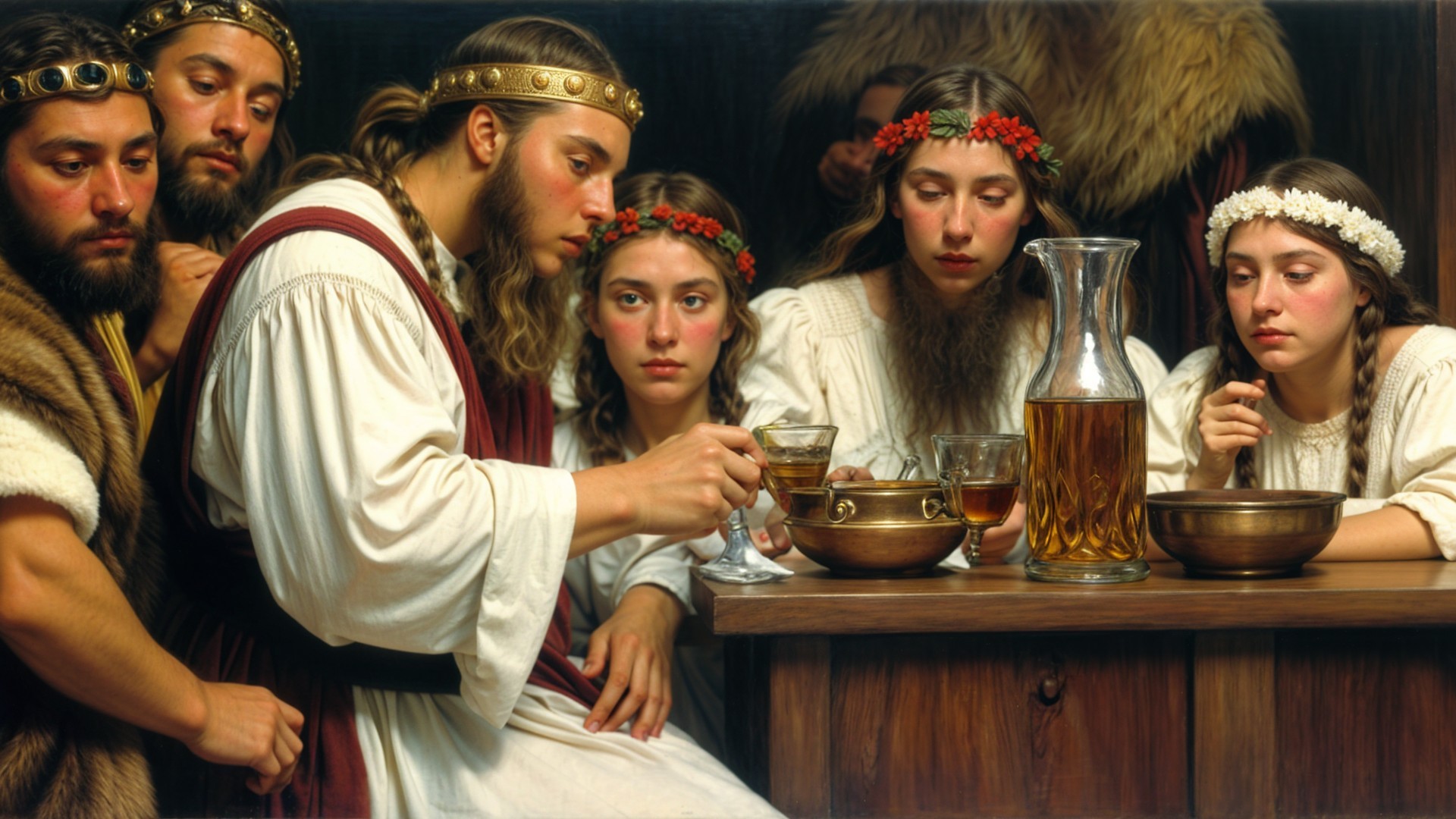 Ancient Figures Gather Around Table with Intriguing Focus