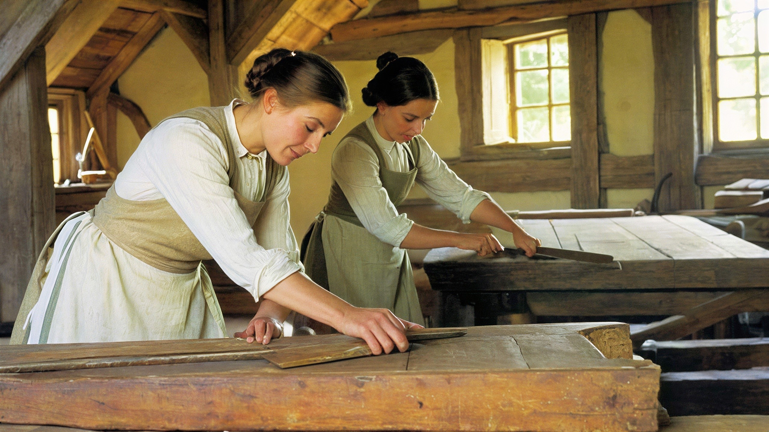 Young Women Working in Rustic Workshop with Wood