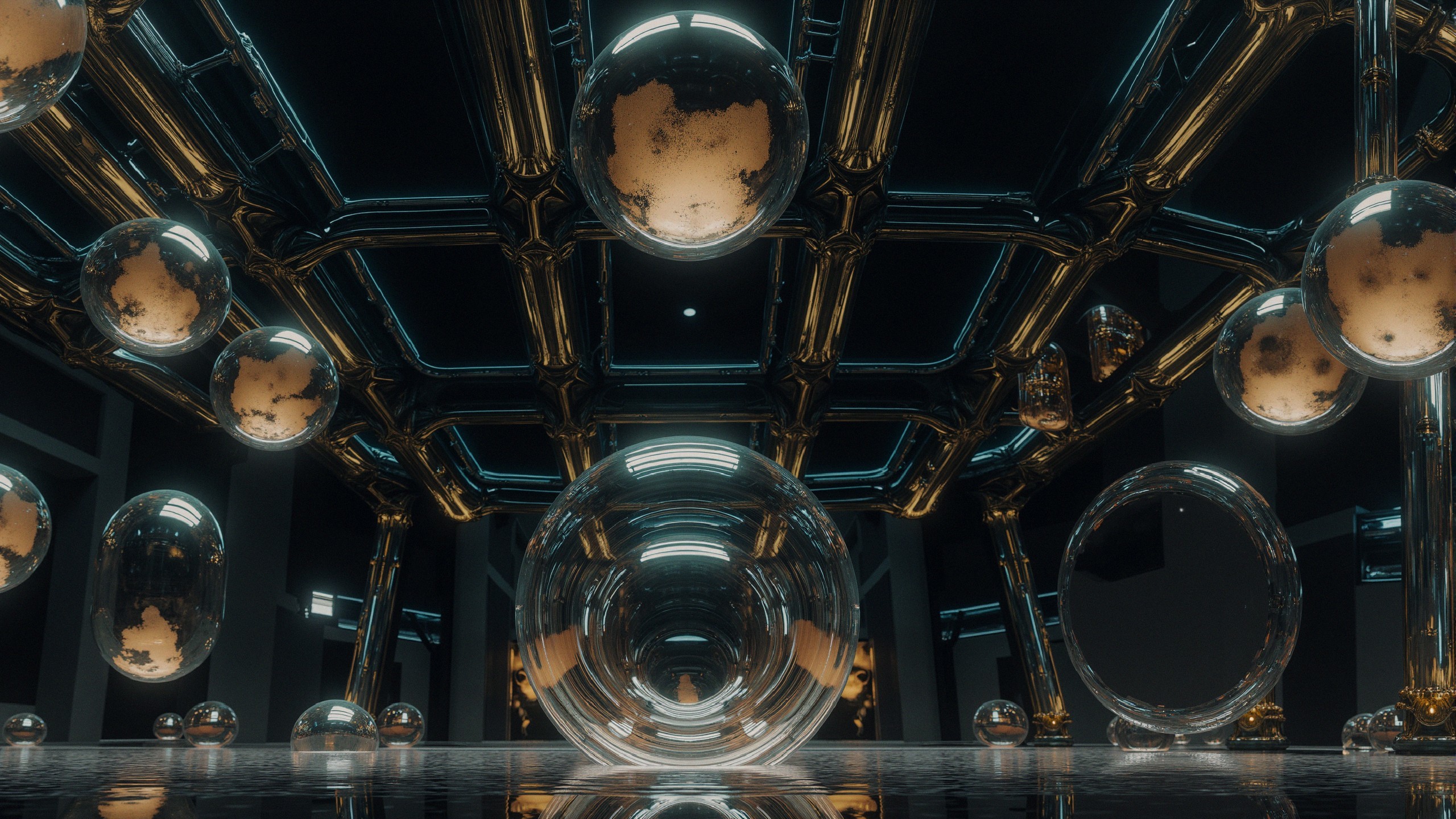 Futuristic Space with Reflective Surfaces and Orbs
