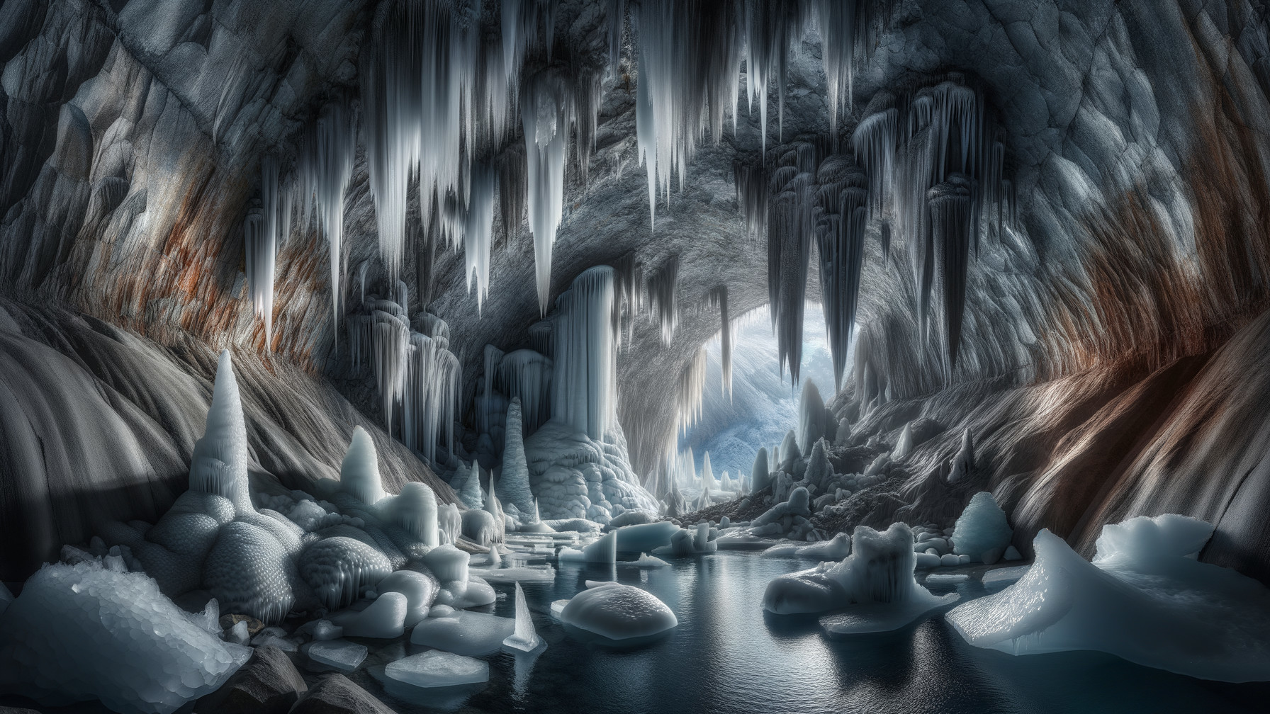 Stunning Ice Cave with Icicles and Crystalline Formations
