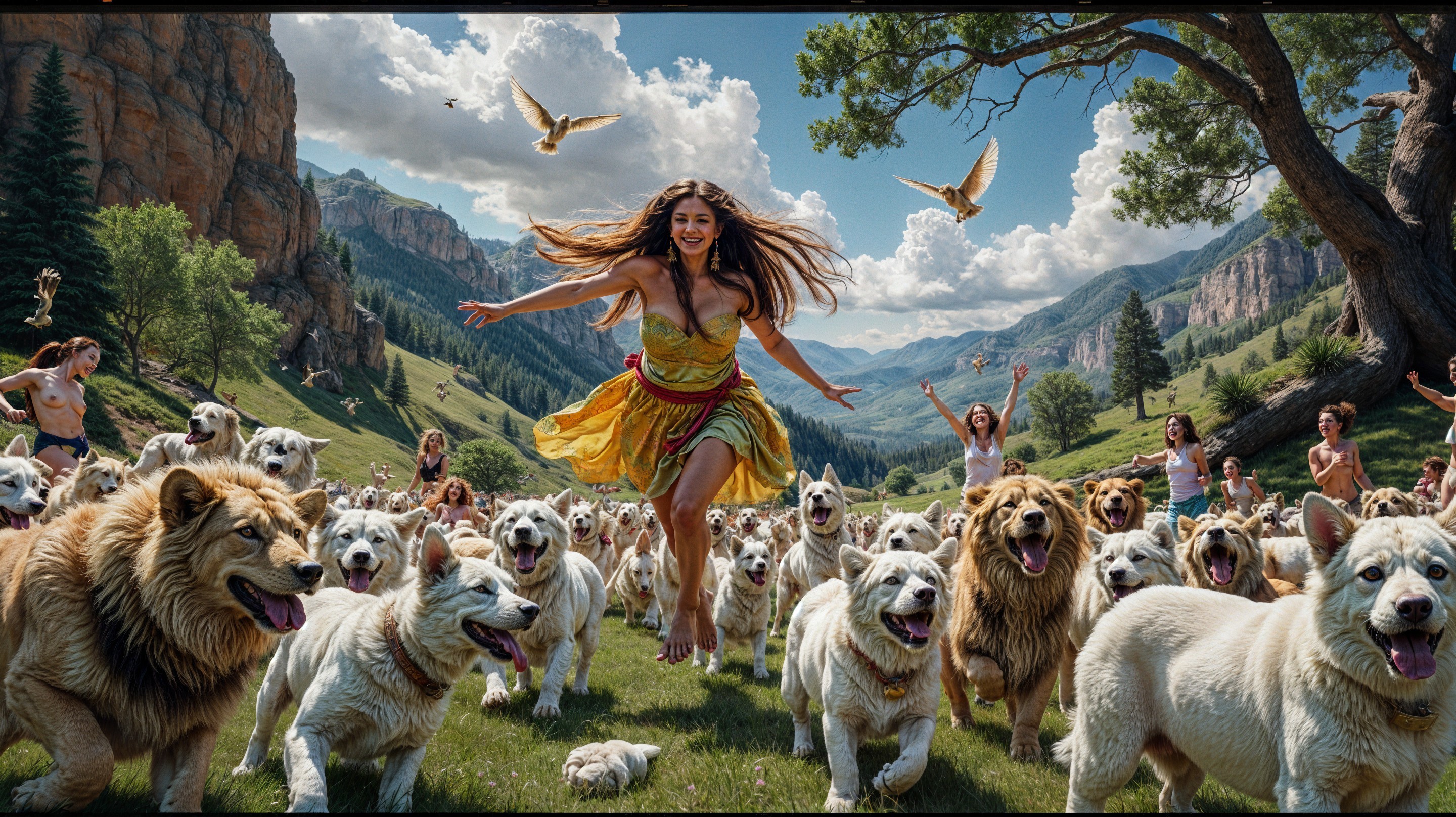 Joyful woman in yellow dress with white dogs in valley