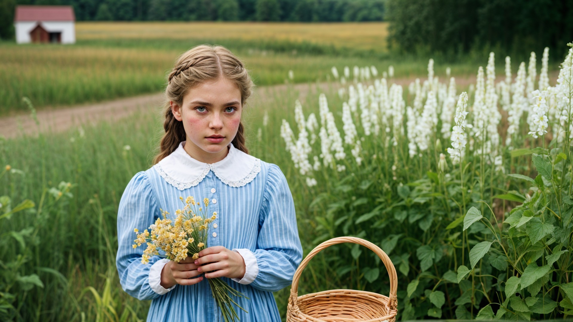 Young girl in blue dress with flowers in green field