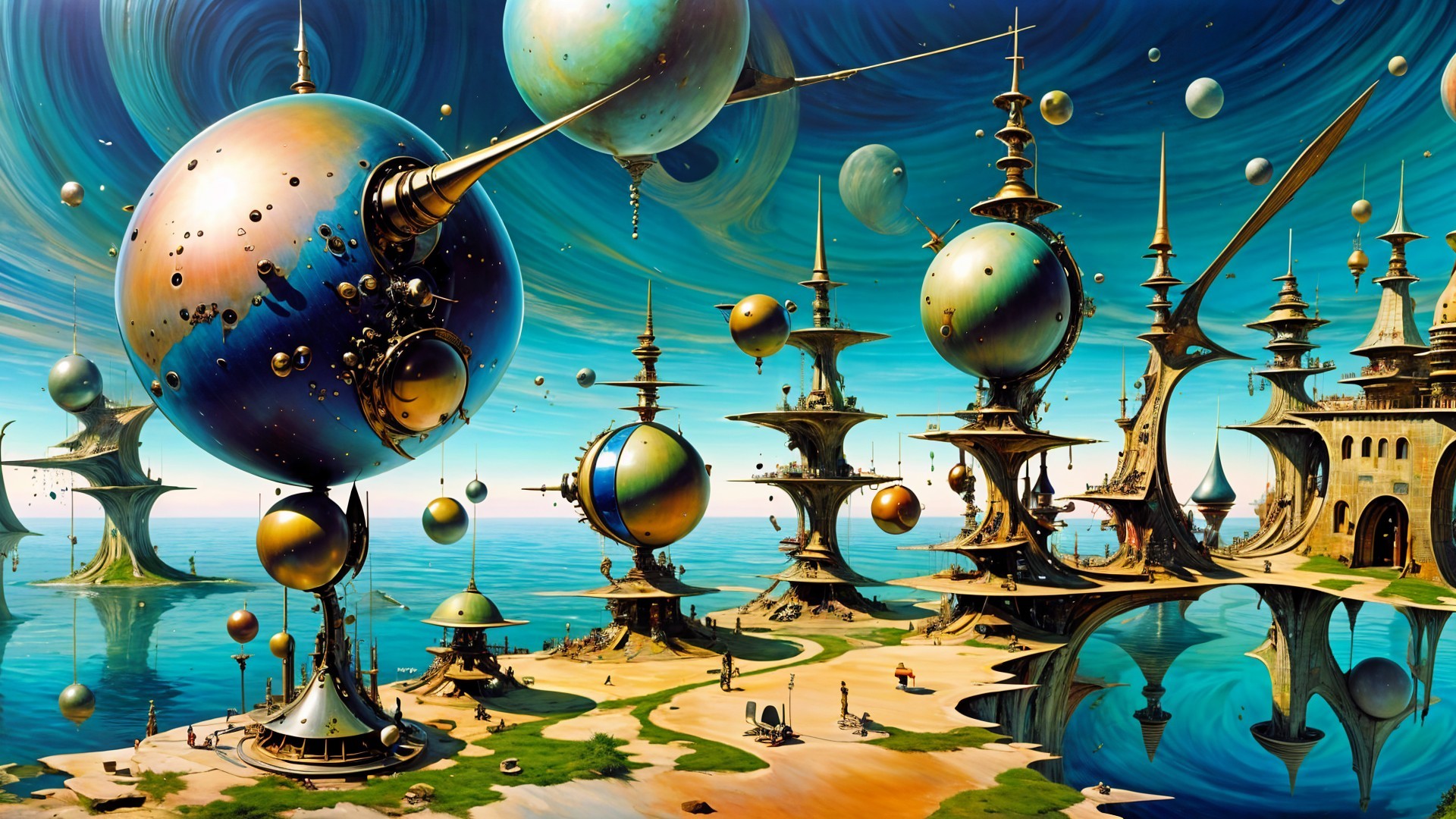 Surreal Landscape with Towering Structures and Spheres