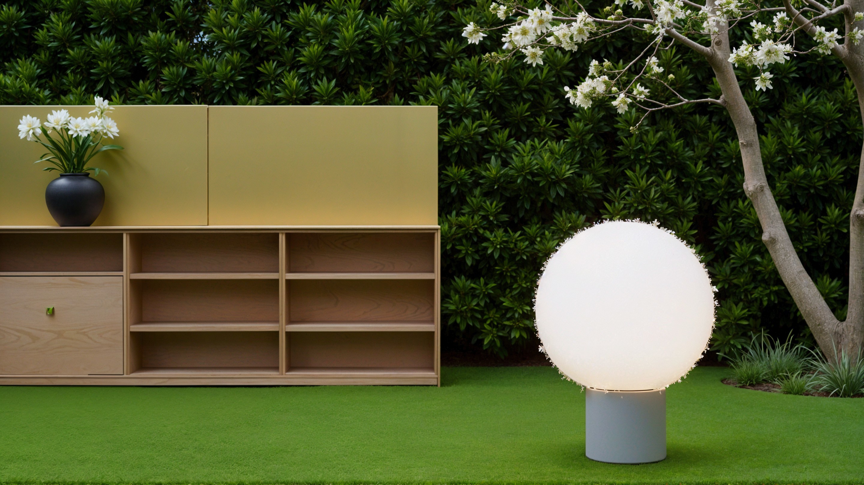 Serene Outdoor Space with Green Lawn and Modern Decor