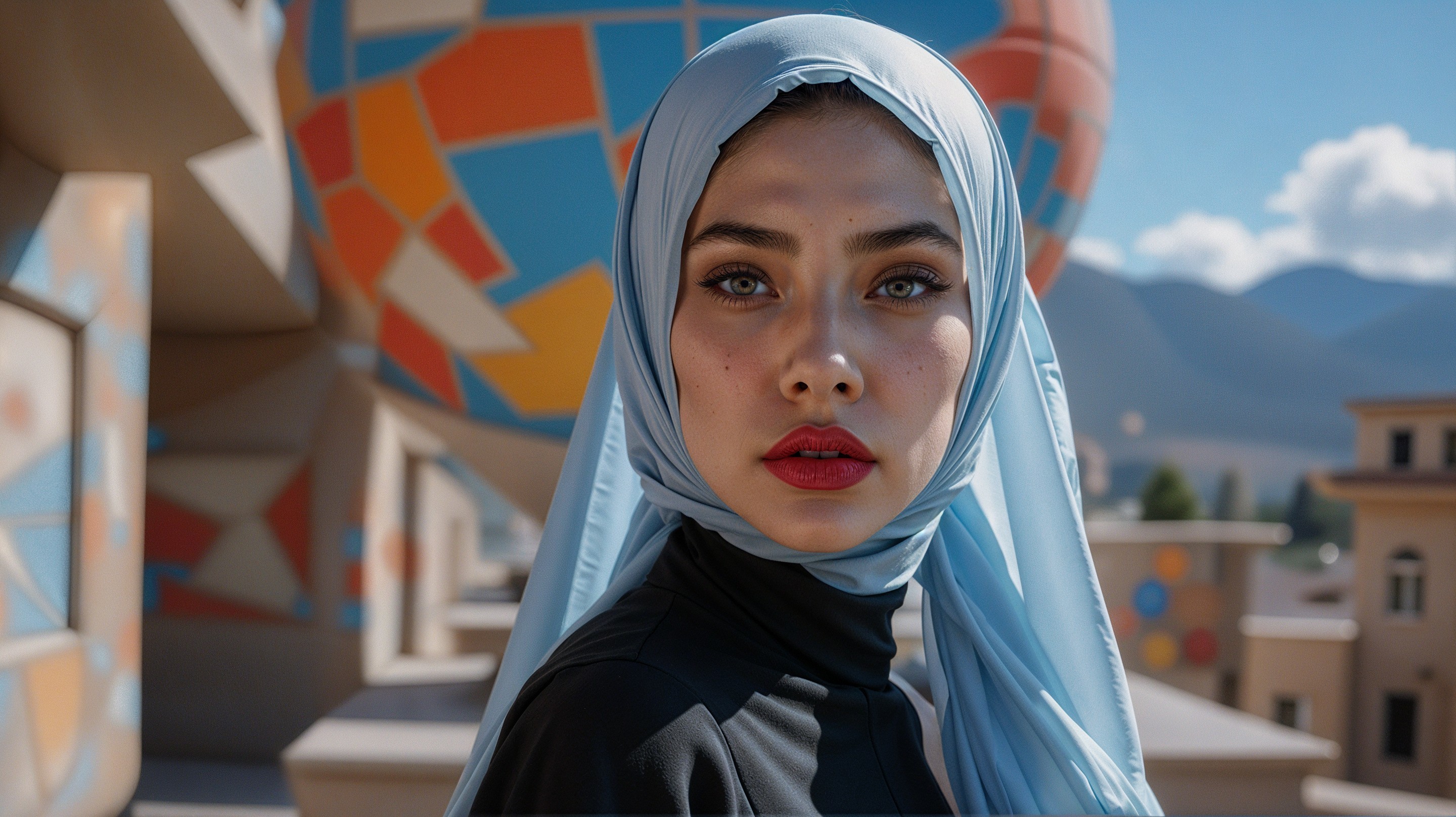 Young woman in hijab against colorful backdrop