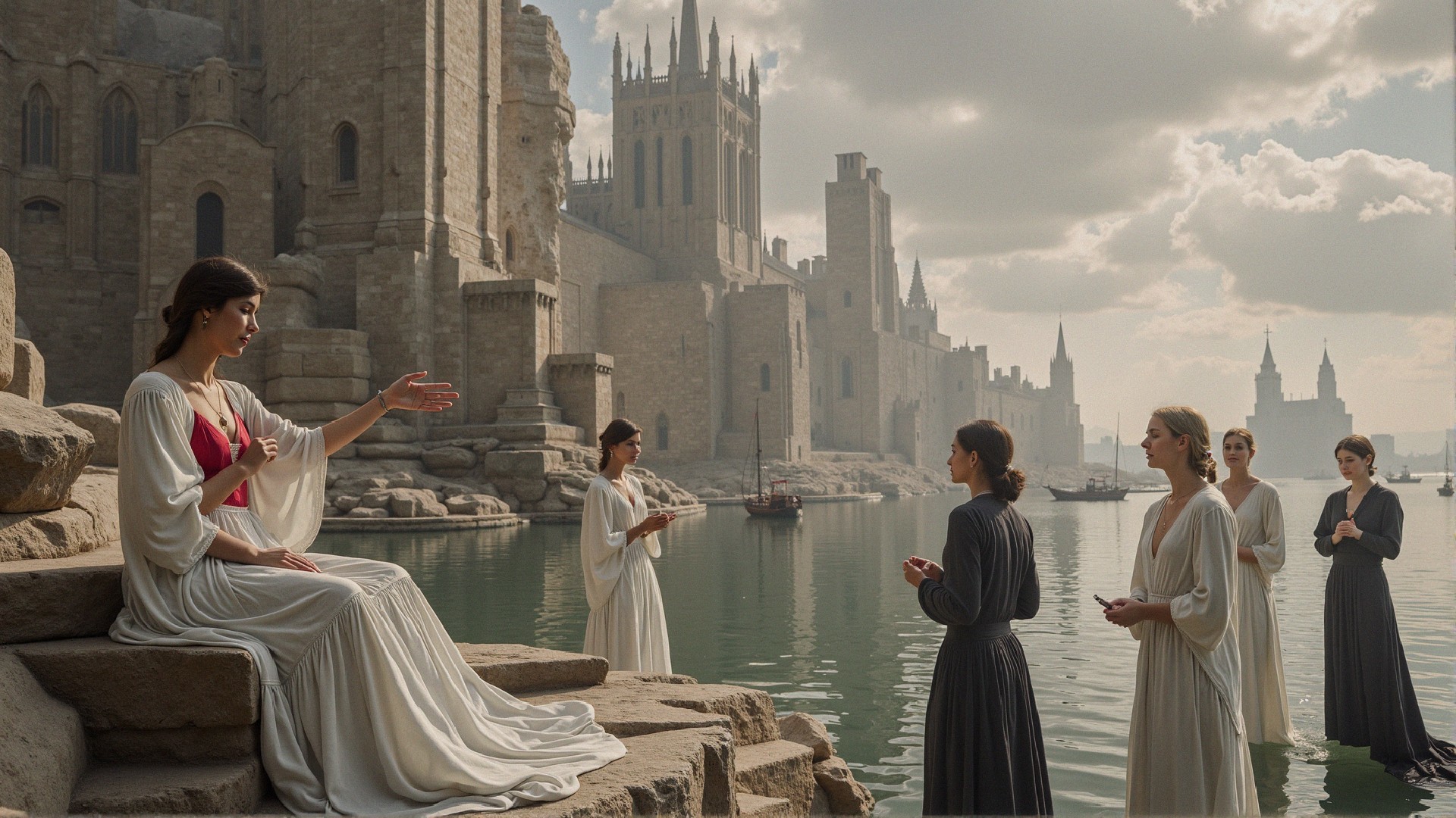 Medieval Scene of Women by a Tranquil Waterfront