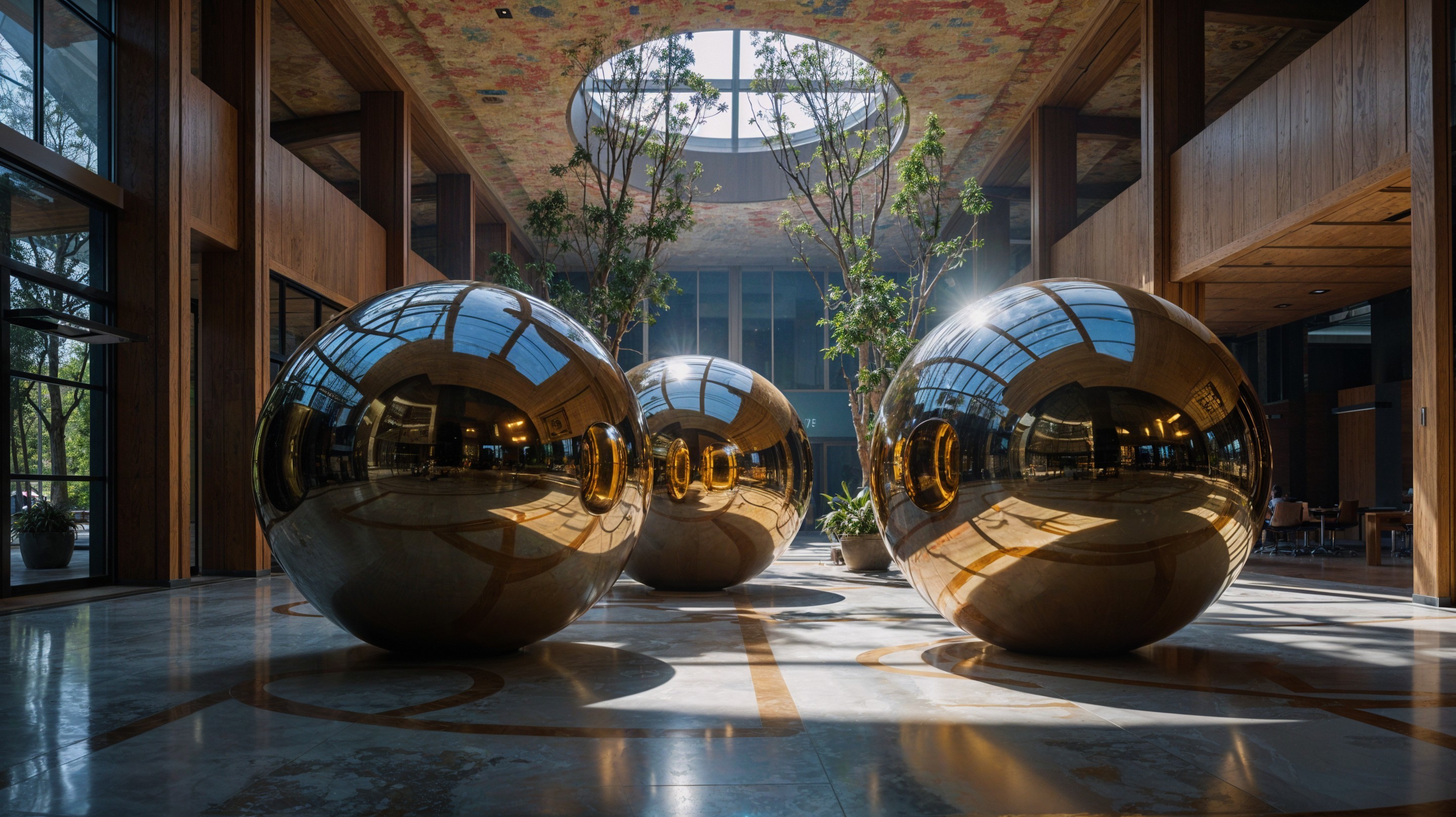 Reflective Golden Spheres in a Modern Atrium Setting