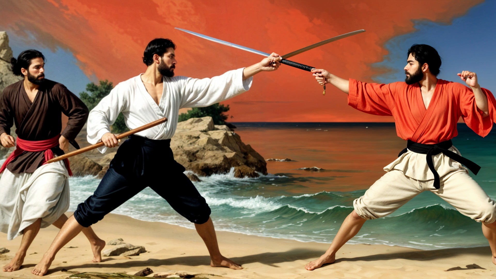 Warriors Duel on Beach at Sunset with Dramatic Clouds