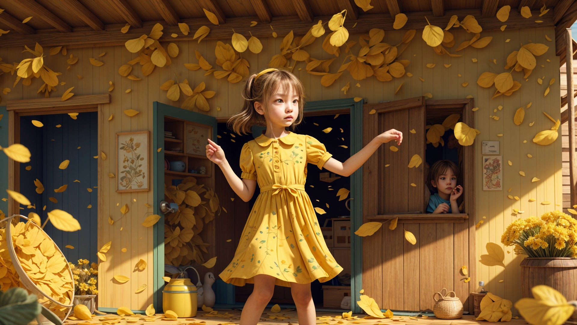 Young girl in yellow dress dances among autumn leaves