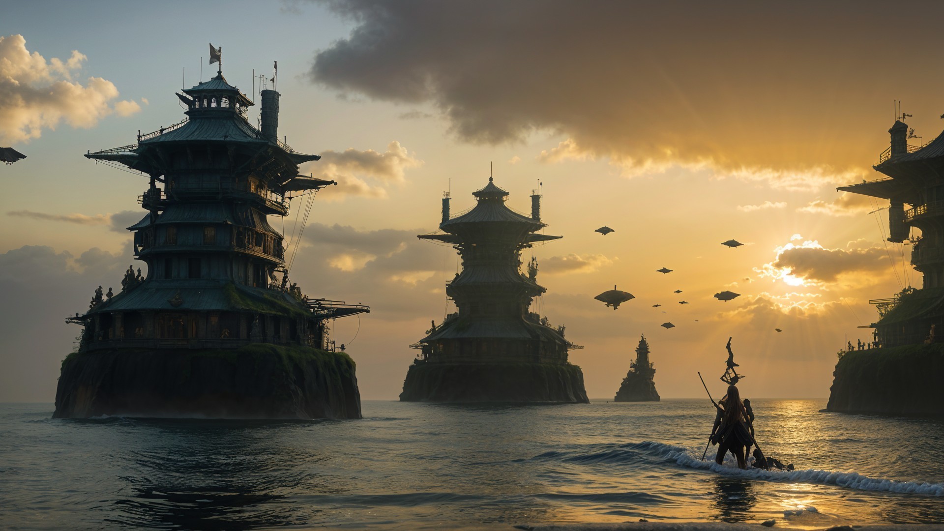Tranquil Seascape at Sunset with Ornate Towers