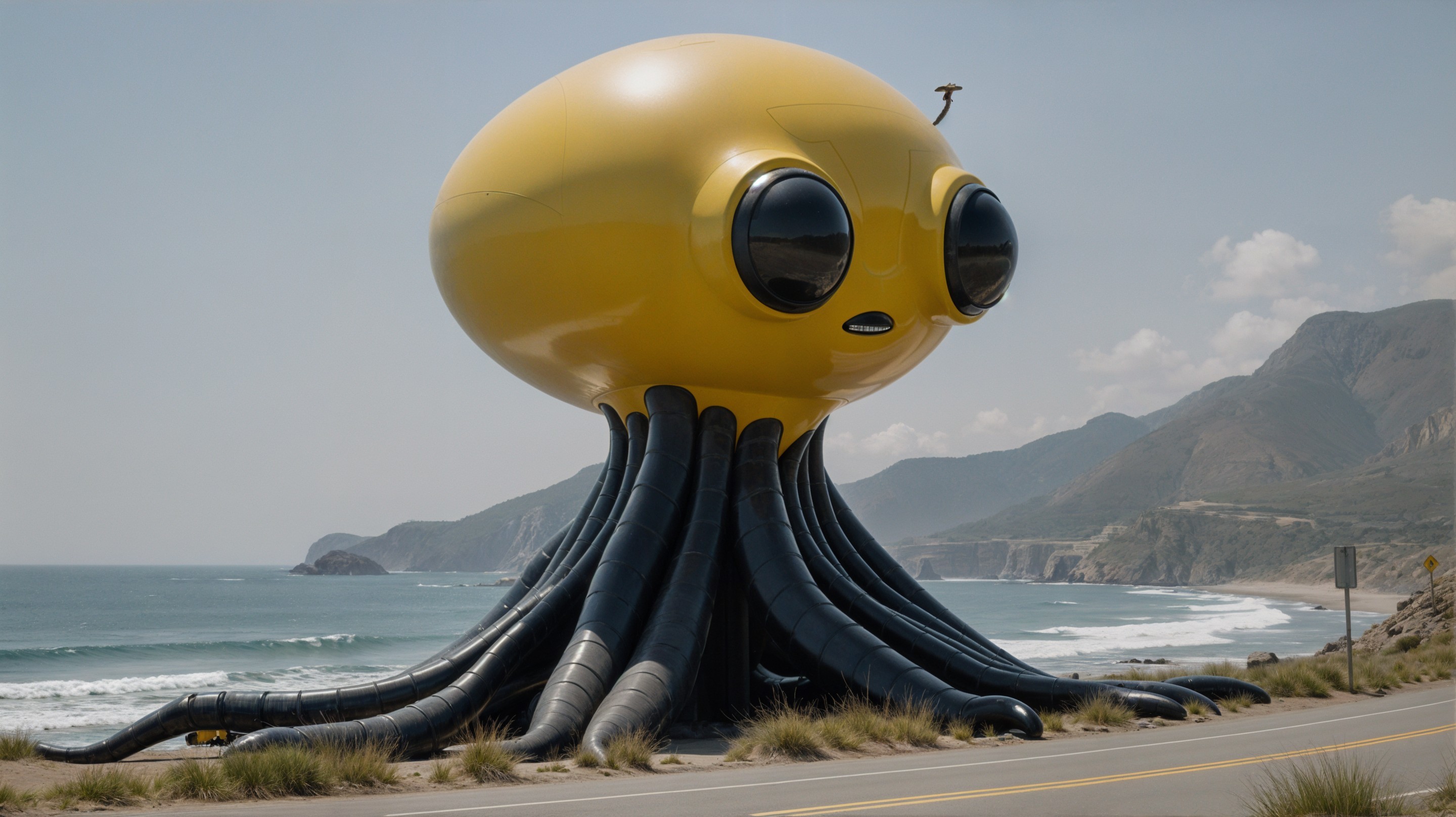 Whimsical Octopus Sculpture by Seaside with Mountains