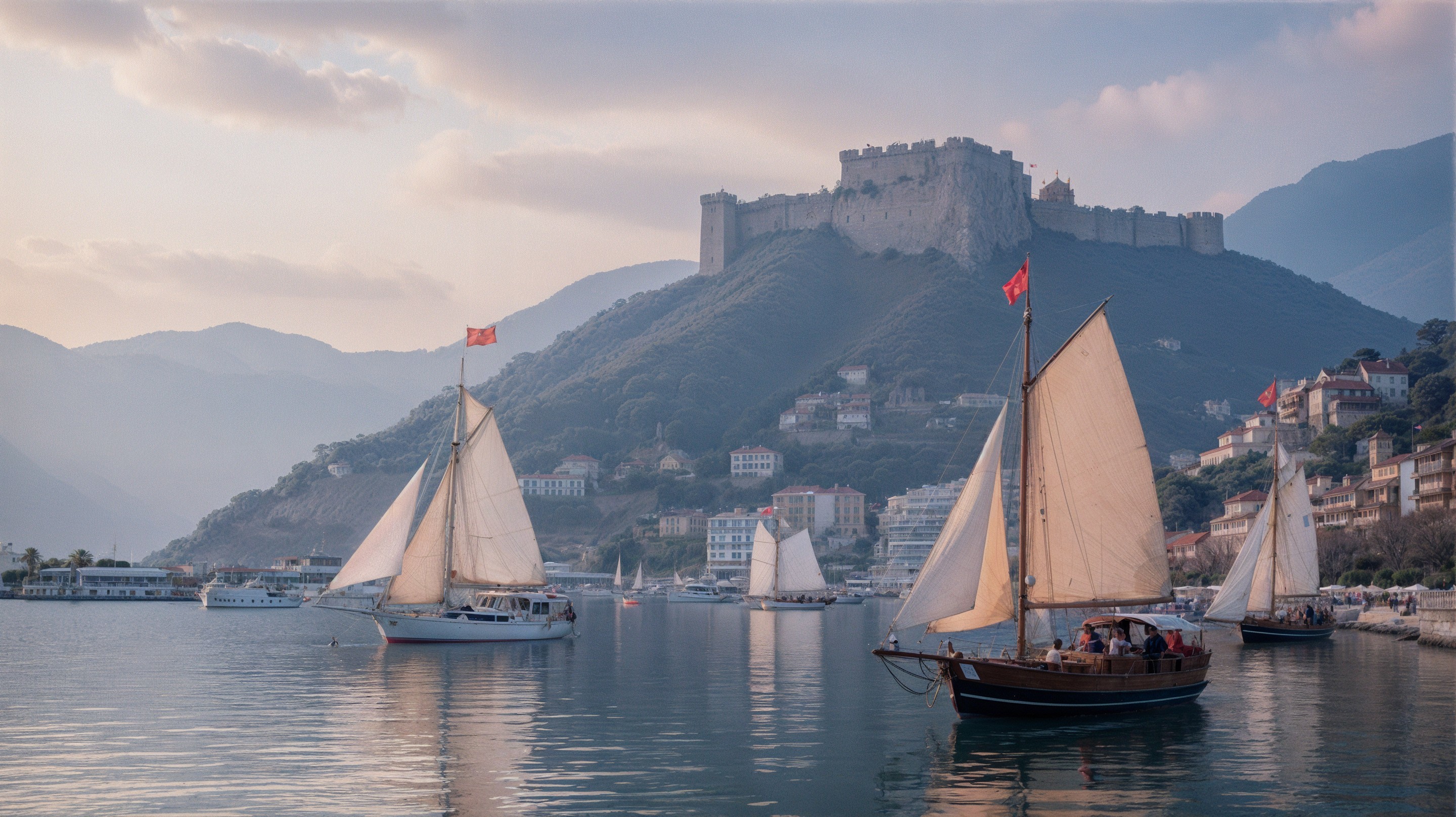 Coastal Scene with Sailboats and Castle at Sunset