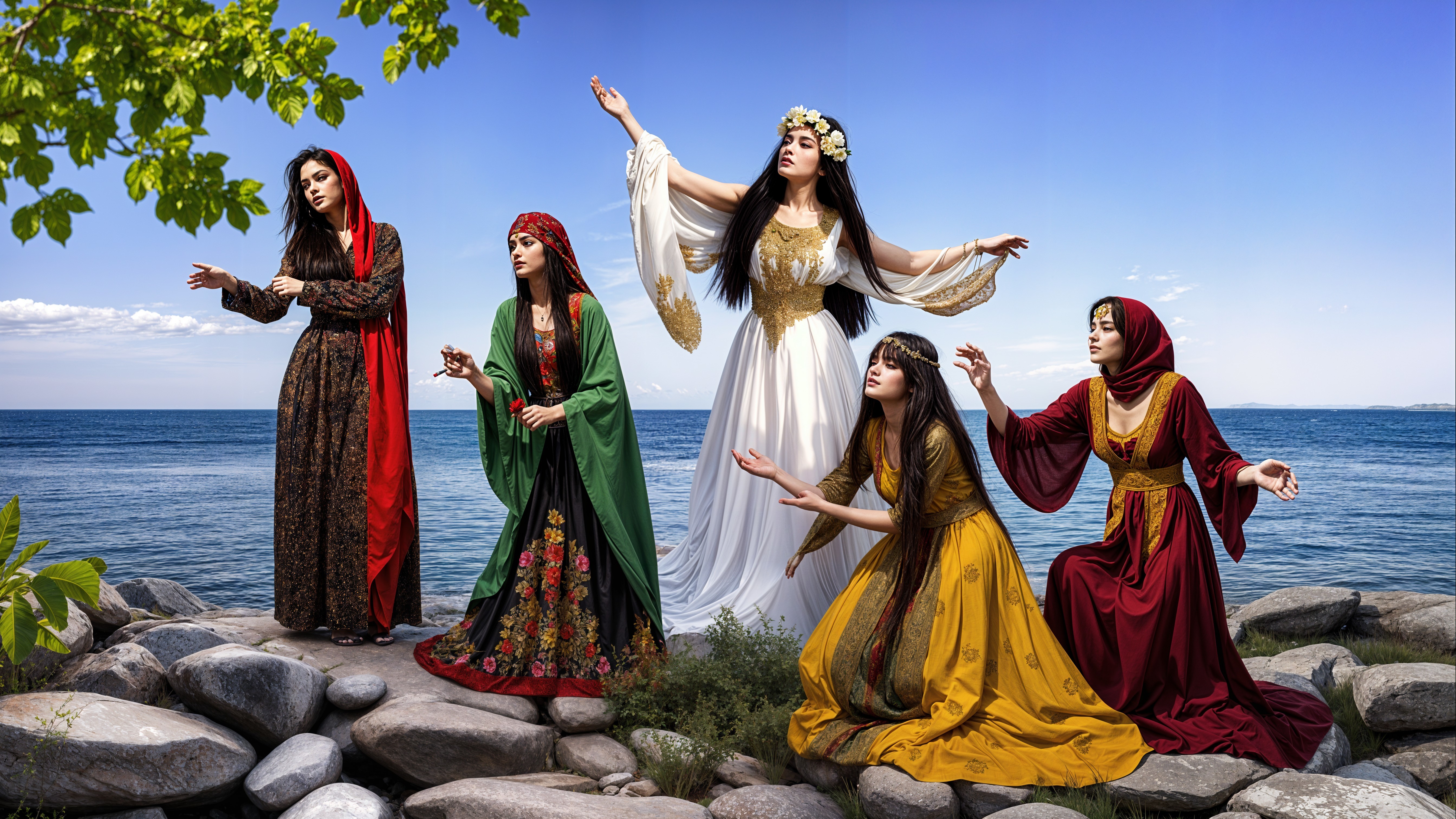 Women in Colorful Dresses by Tranquil Water Scene