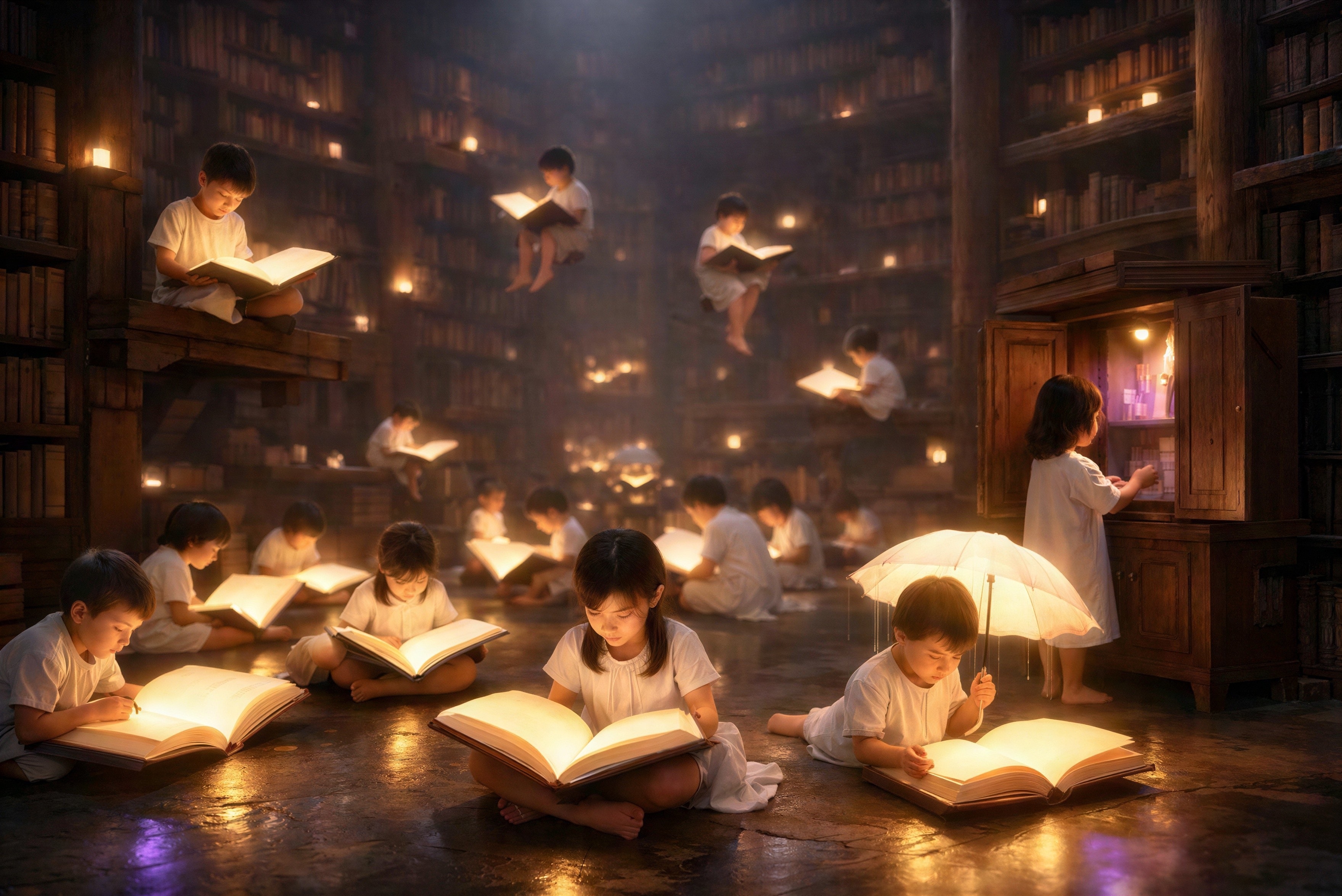 Ancient library at night with children reading illuminated books