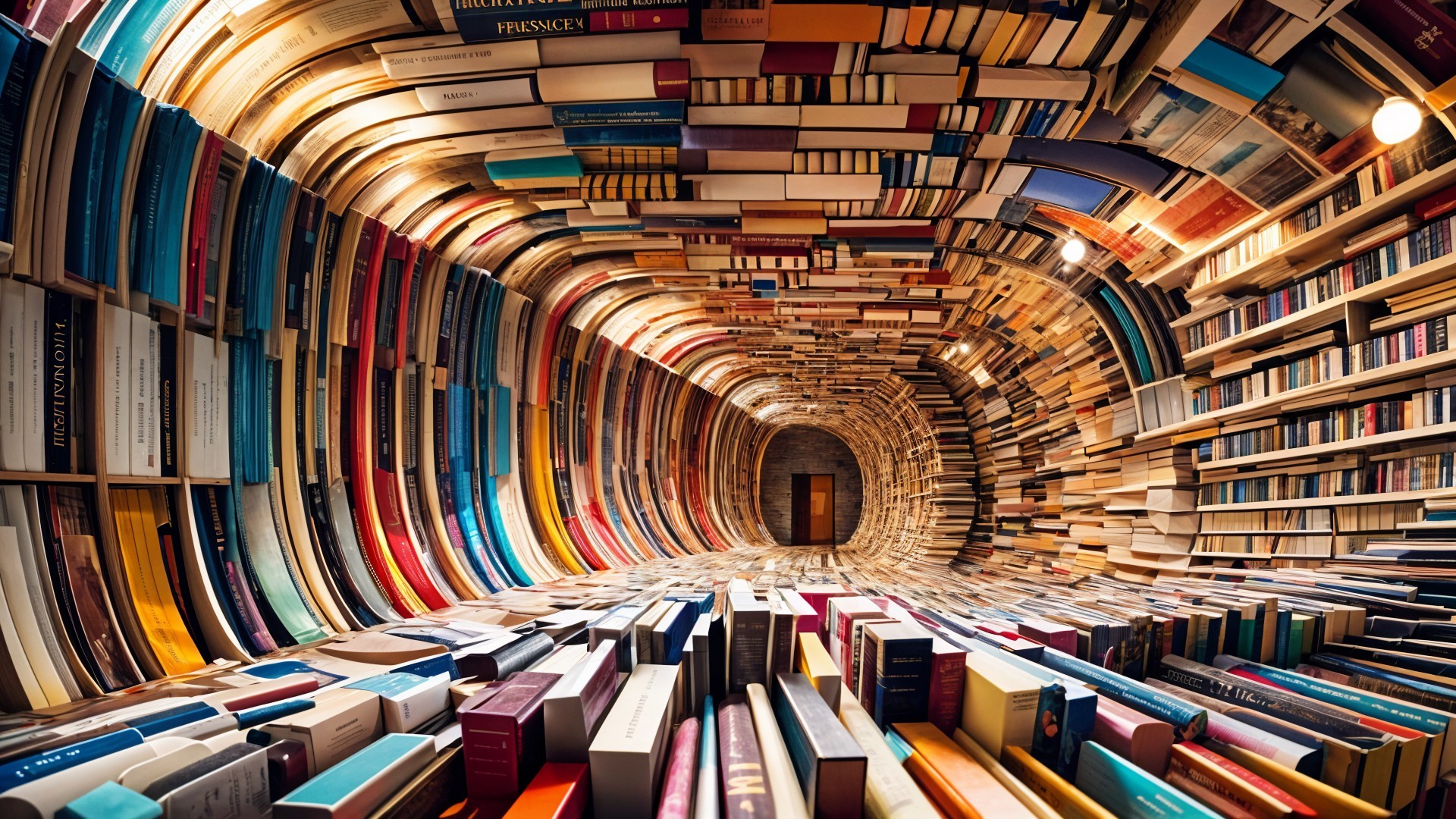 Spiral Library with Colorful Book Spines and Lighting