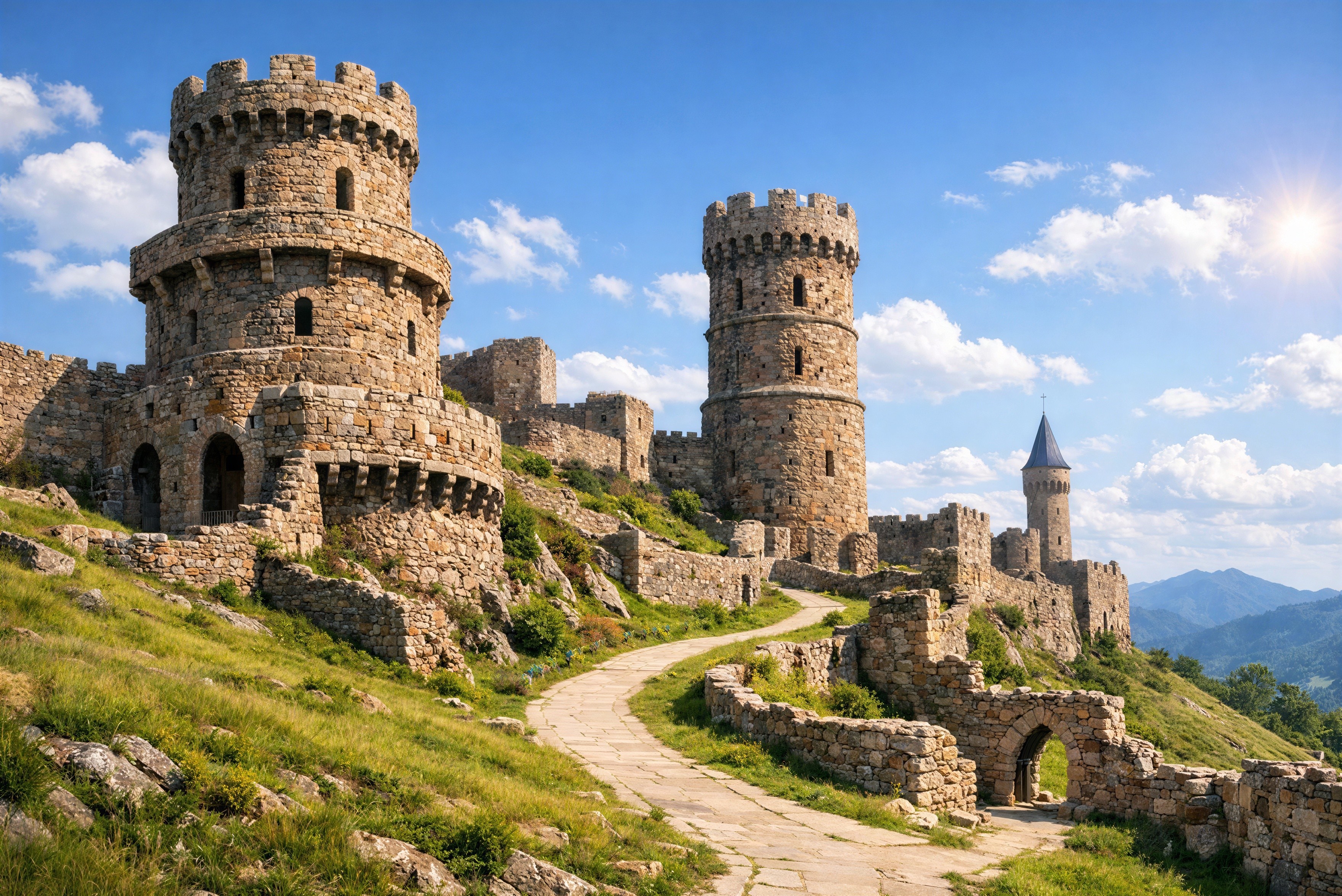 Sunlit Stone Fortress with Towers and Misty Mountains