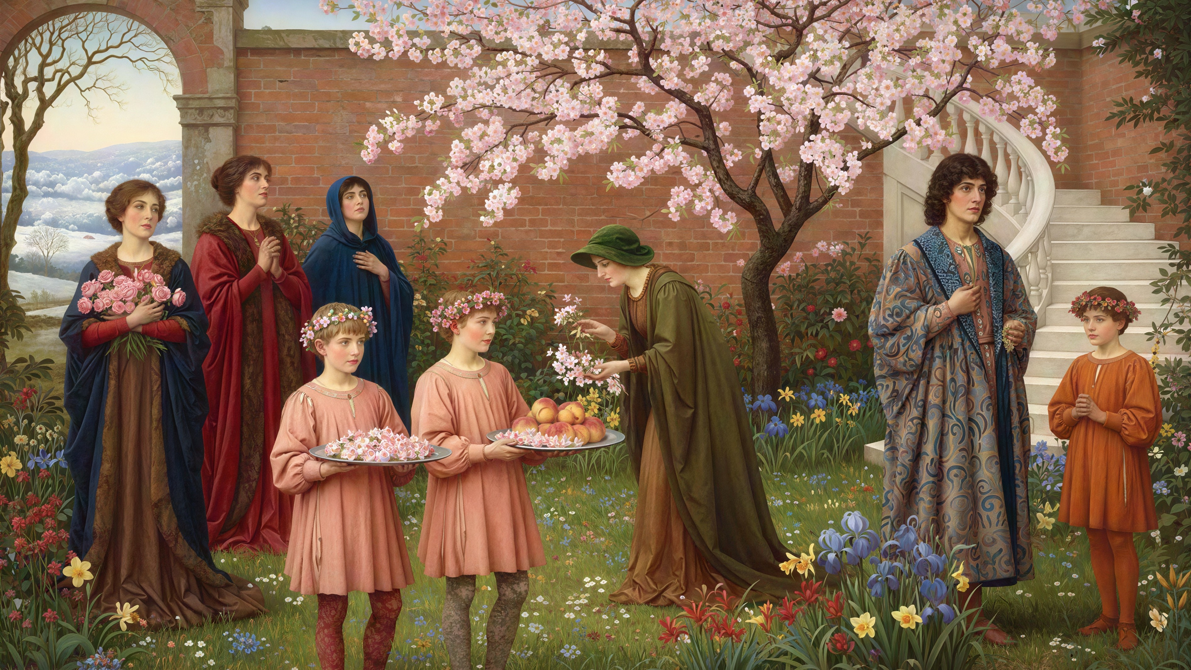 Pre-Raphaelite Spring Garden Scene with Diverse Figures