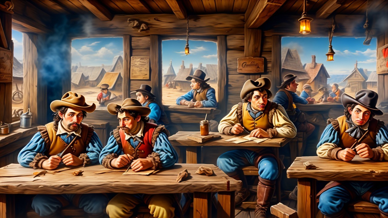 Rustic Tavern Atmosphere with Cowboys and Artifacts