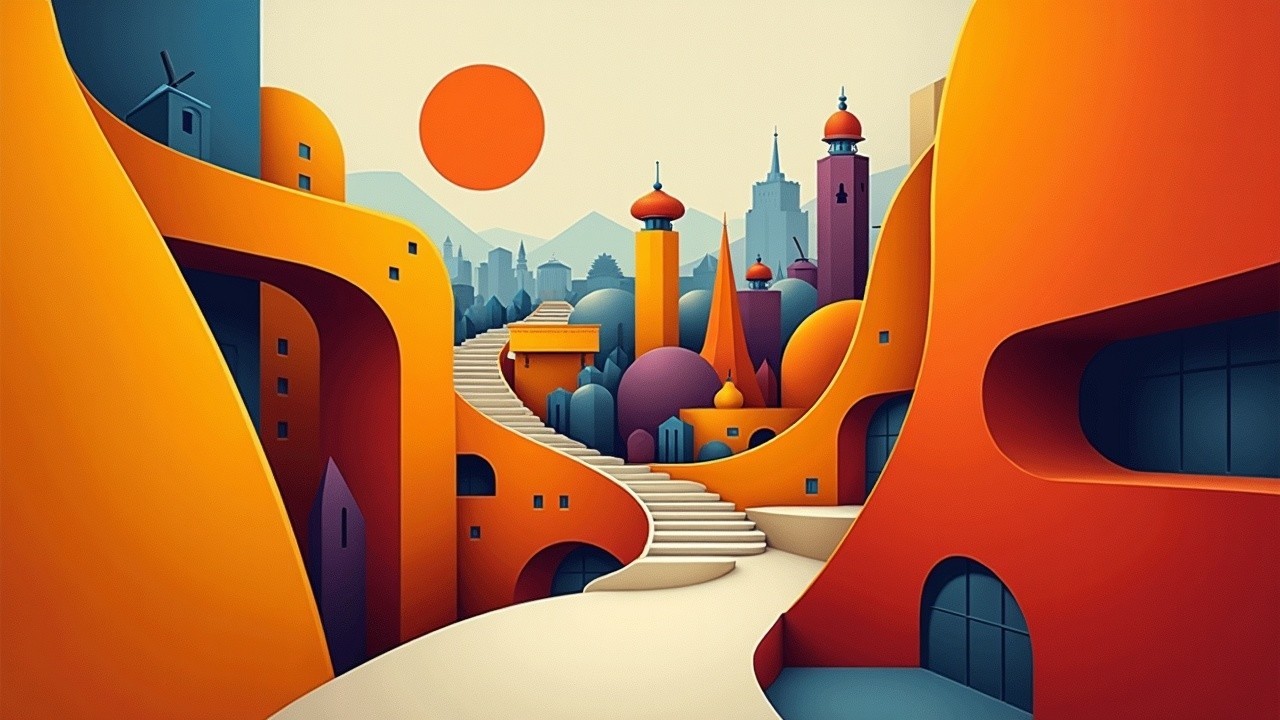 Vibrant Abstract Landscape with Unique Architecture
