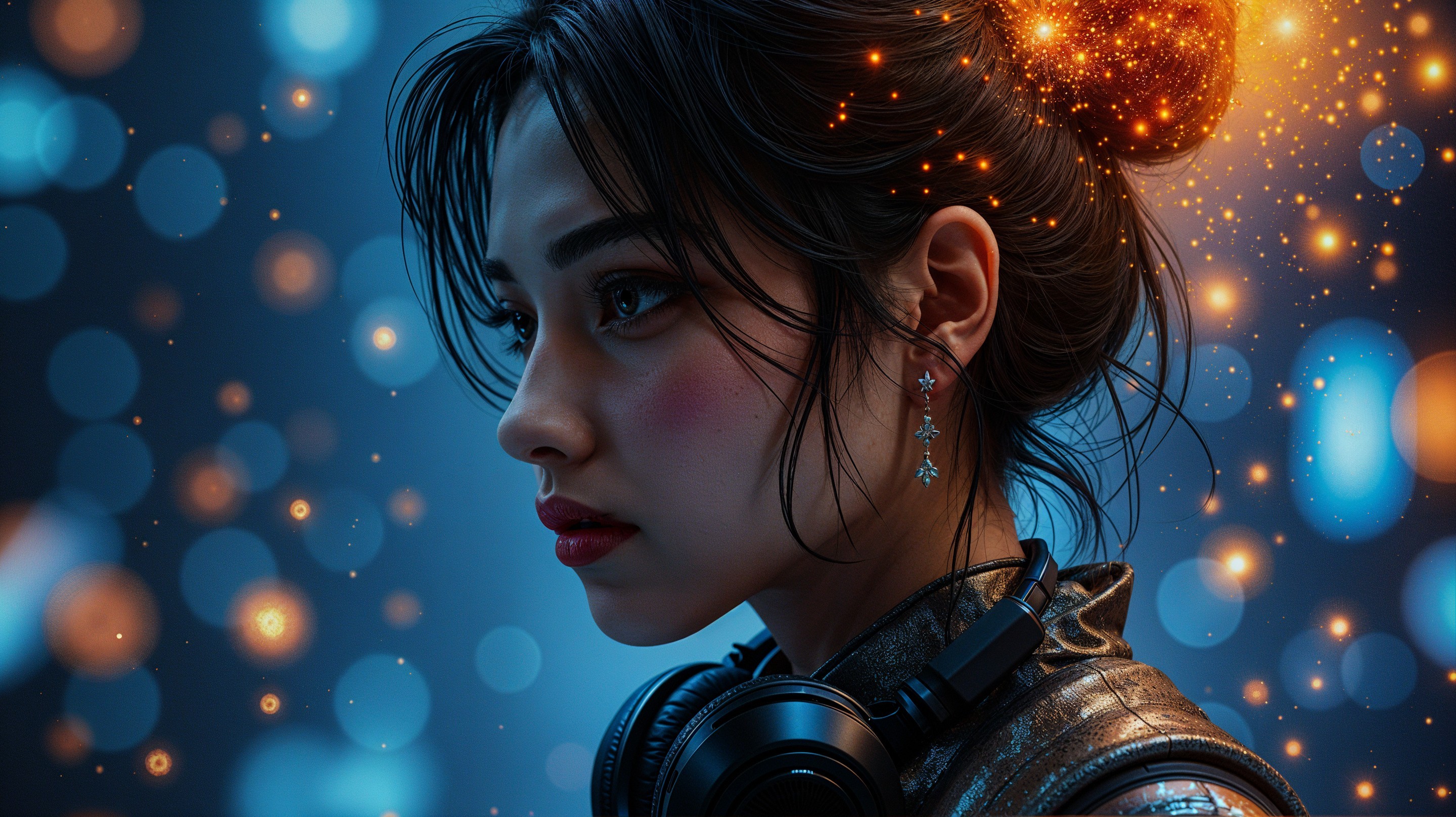 Young woman with modern hairstyle and headphones in blue bokeh