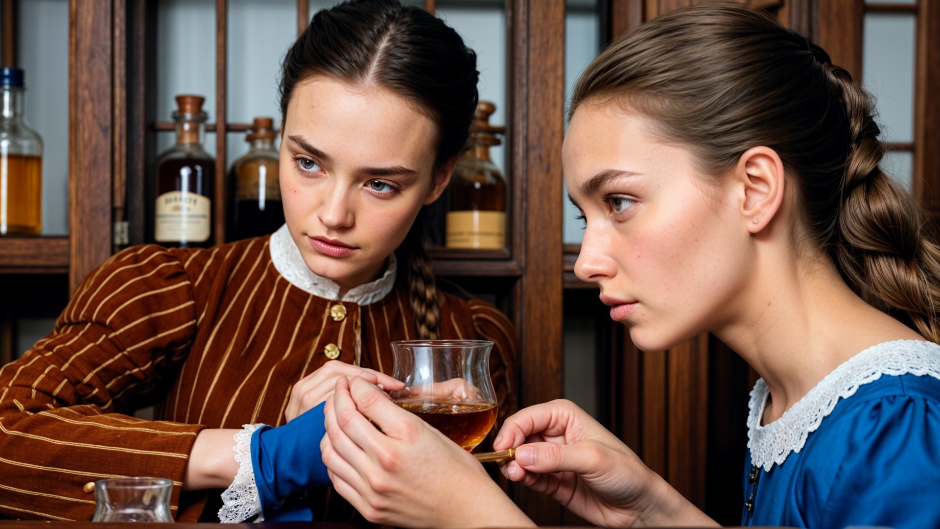 Young Women in Vintage Clothing Engaged in Conversation