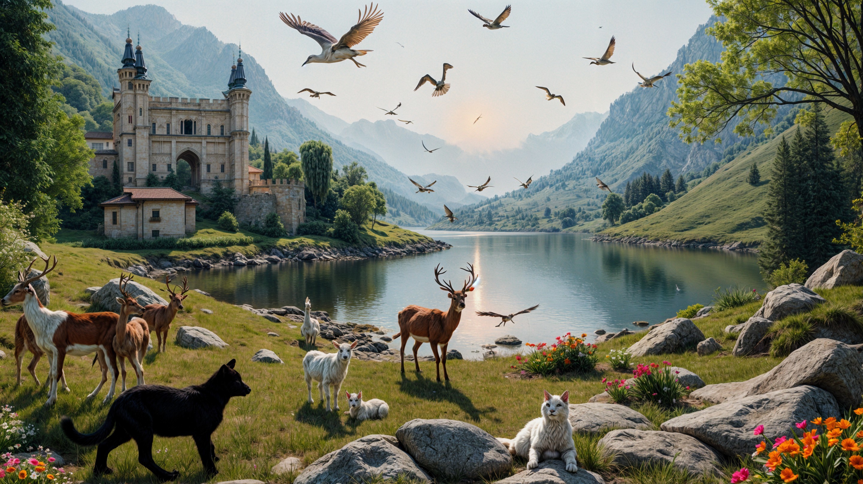 Majestic castle by tranquil lake in serene landscape