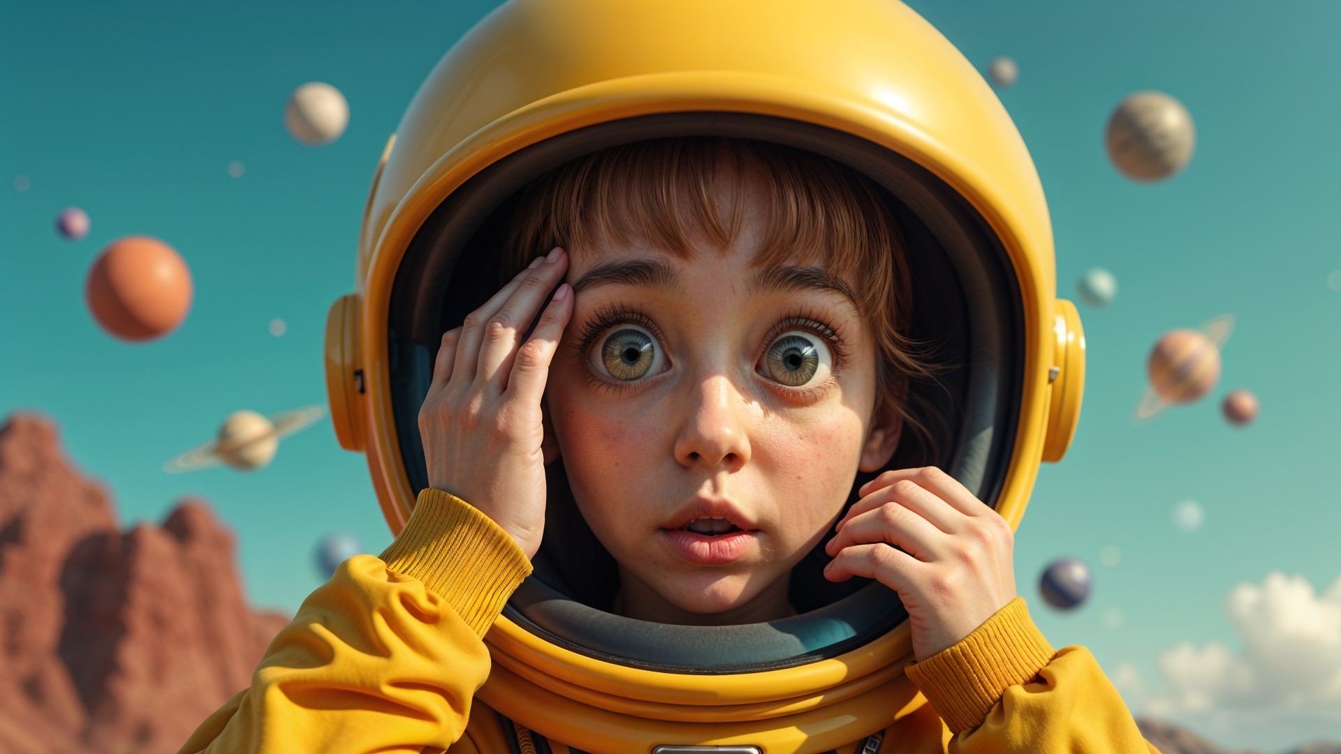 Young Child in Yellow Helmet Surrounded by Colorful Planets