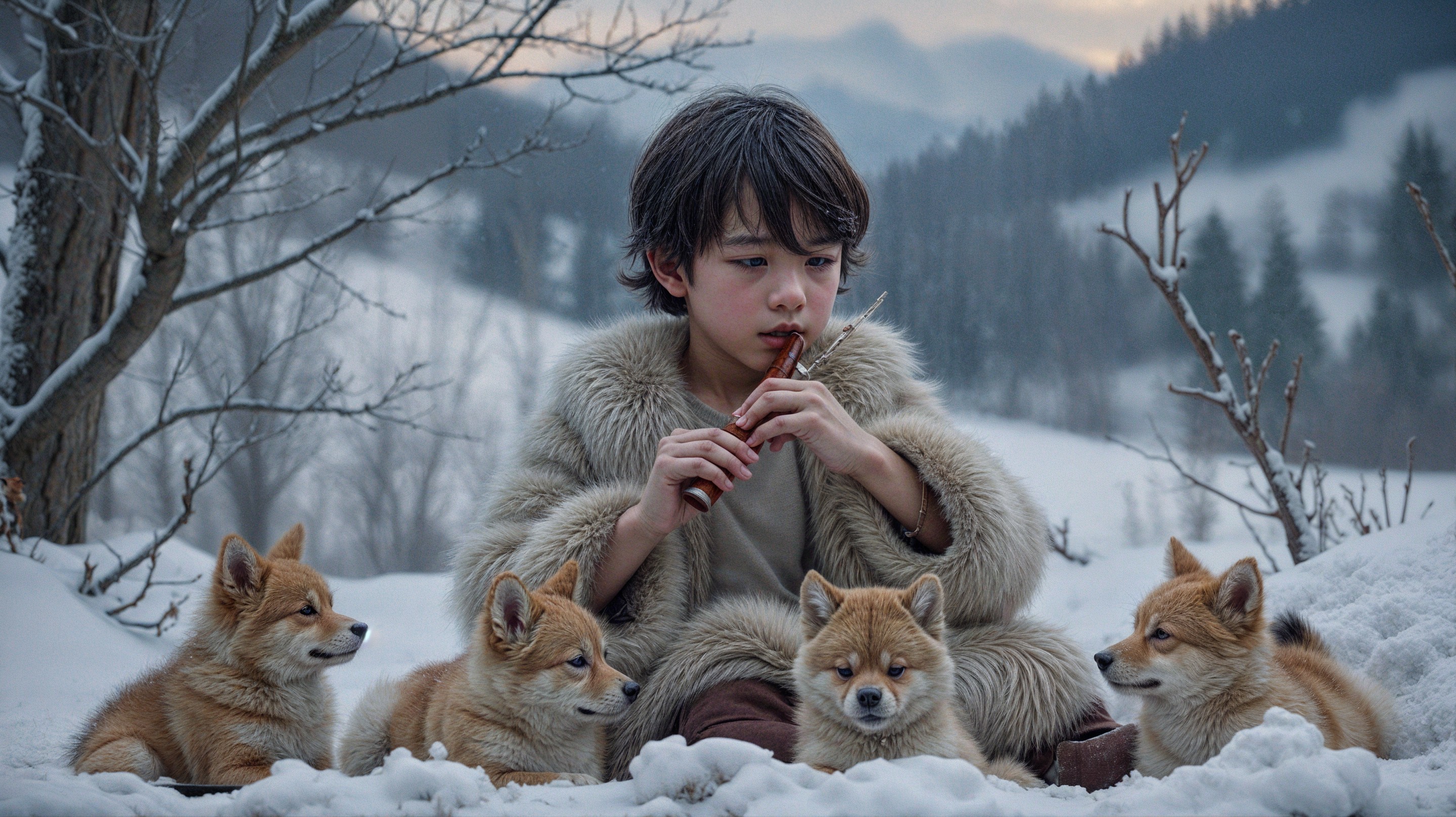Child in fur coat playing flute in snowy landscape