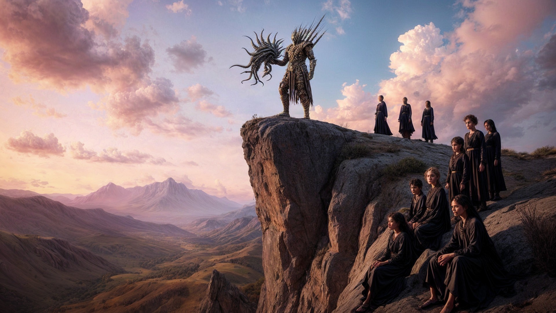 Dragon-like creature on cliff with robed figures below