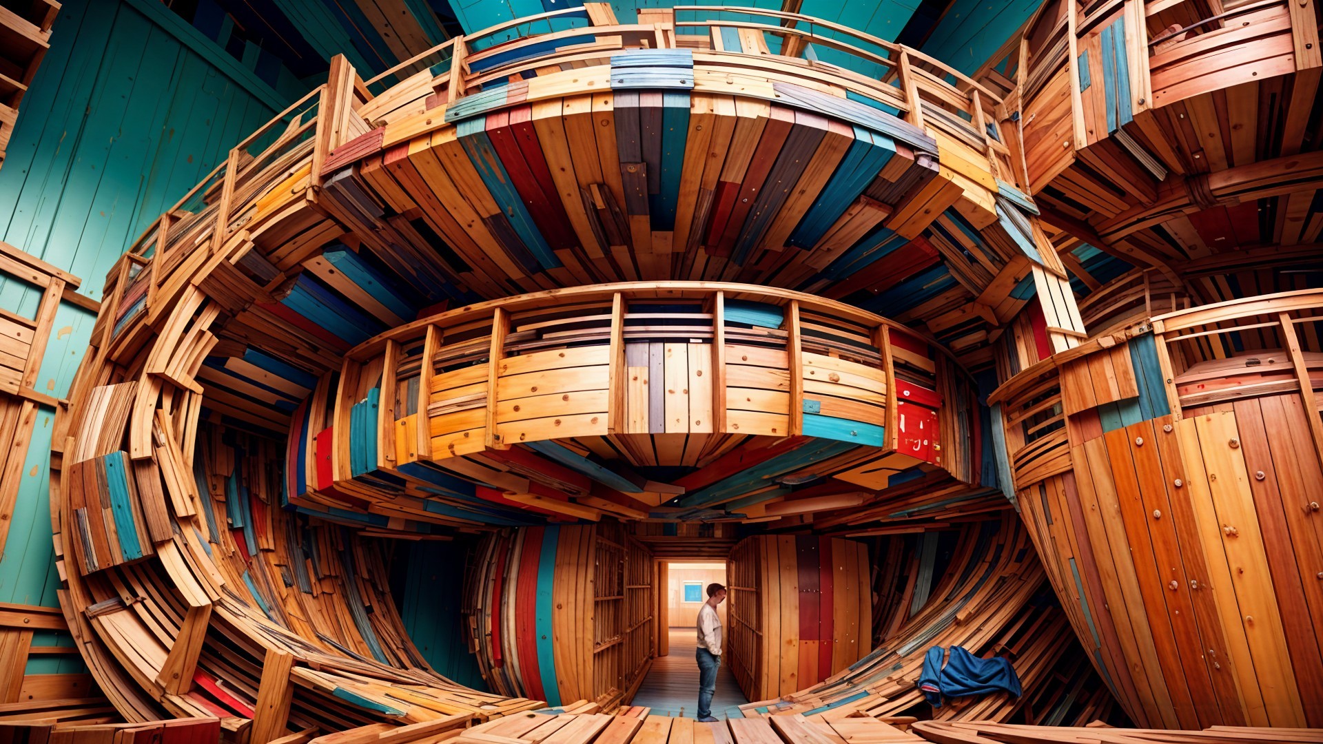 Whimsical Circular Architectural Space with Colorful Wood