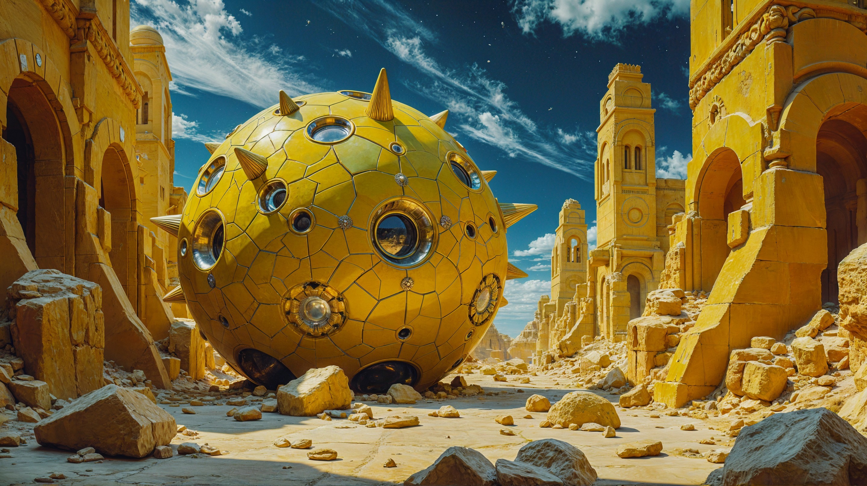 Futuristic Golden Sphere in Abandoned Stone Landscape