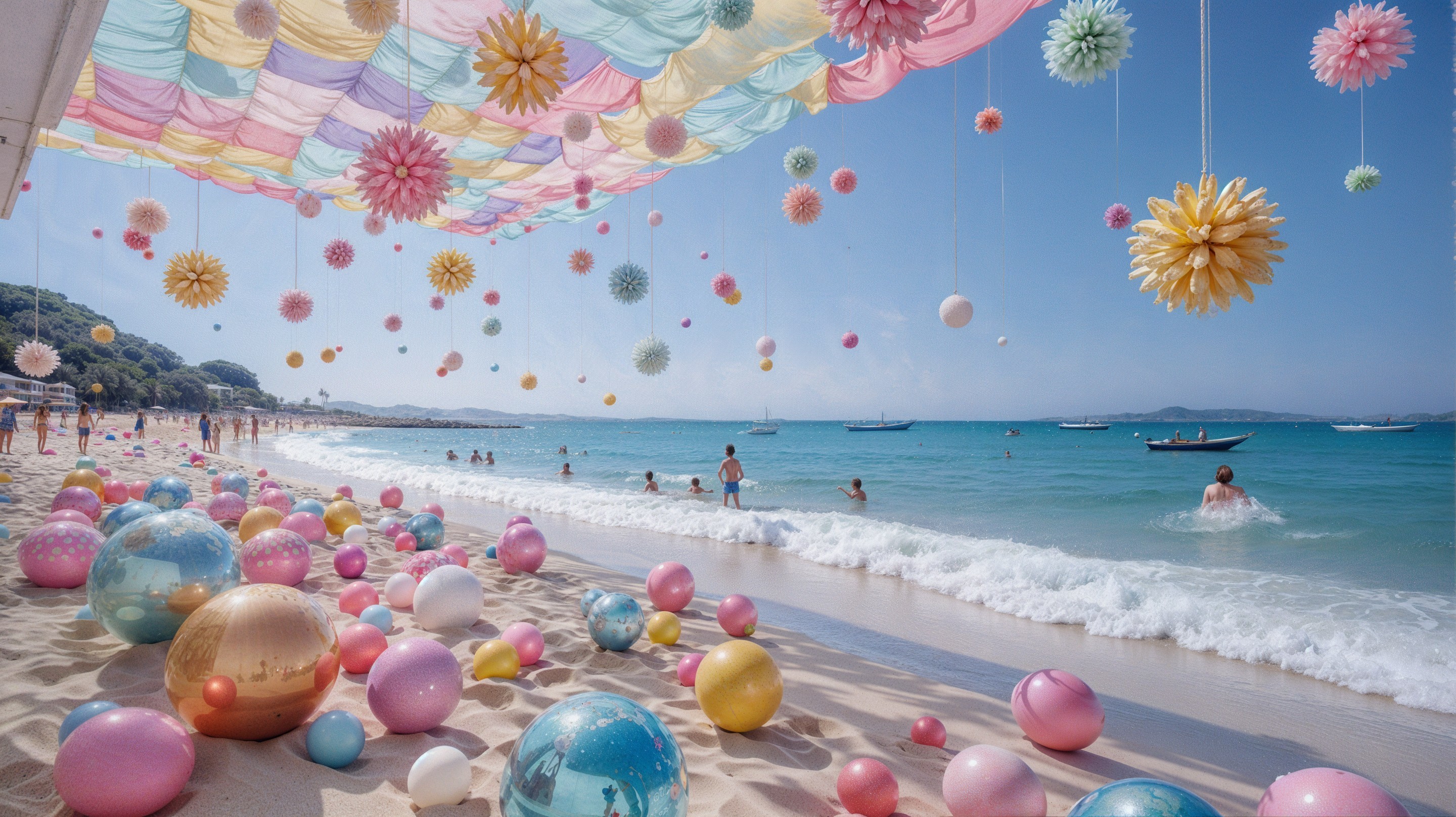 Vibrant Beach Scene with Colorful Decorations and Sunbathers