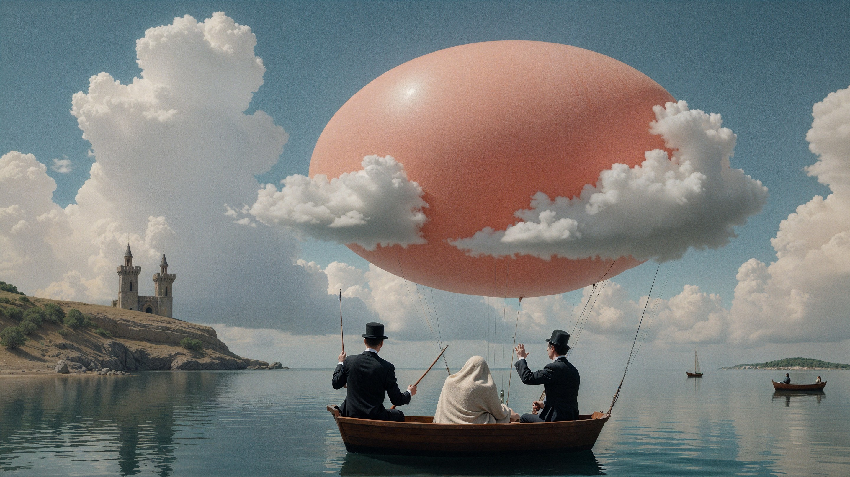 Whimsical Boat Scene with Figures and Pink Balloon