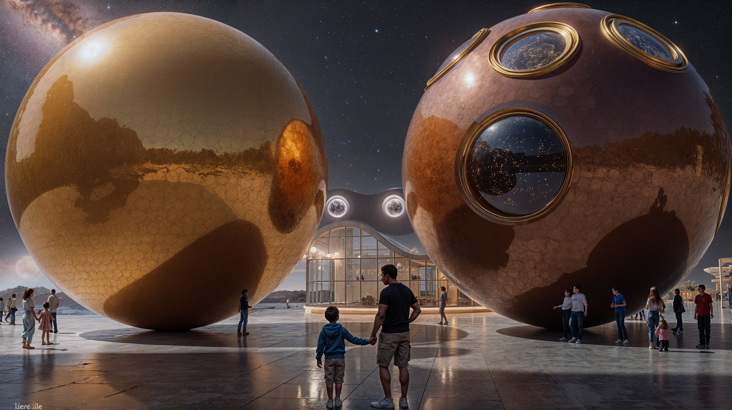 Futuristic plaza with polished spheres and night sky