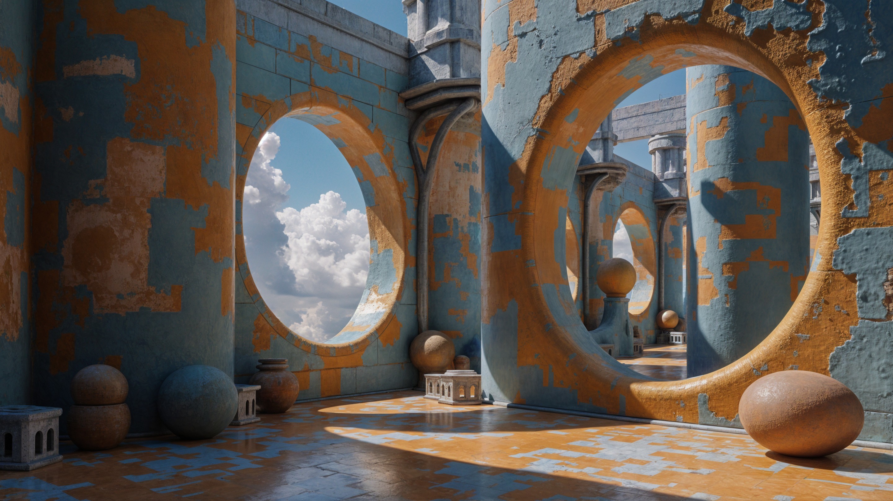 Surreal Architectural Interior with Circular Openings