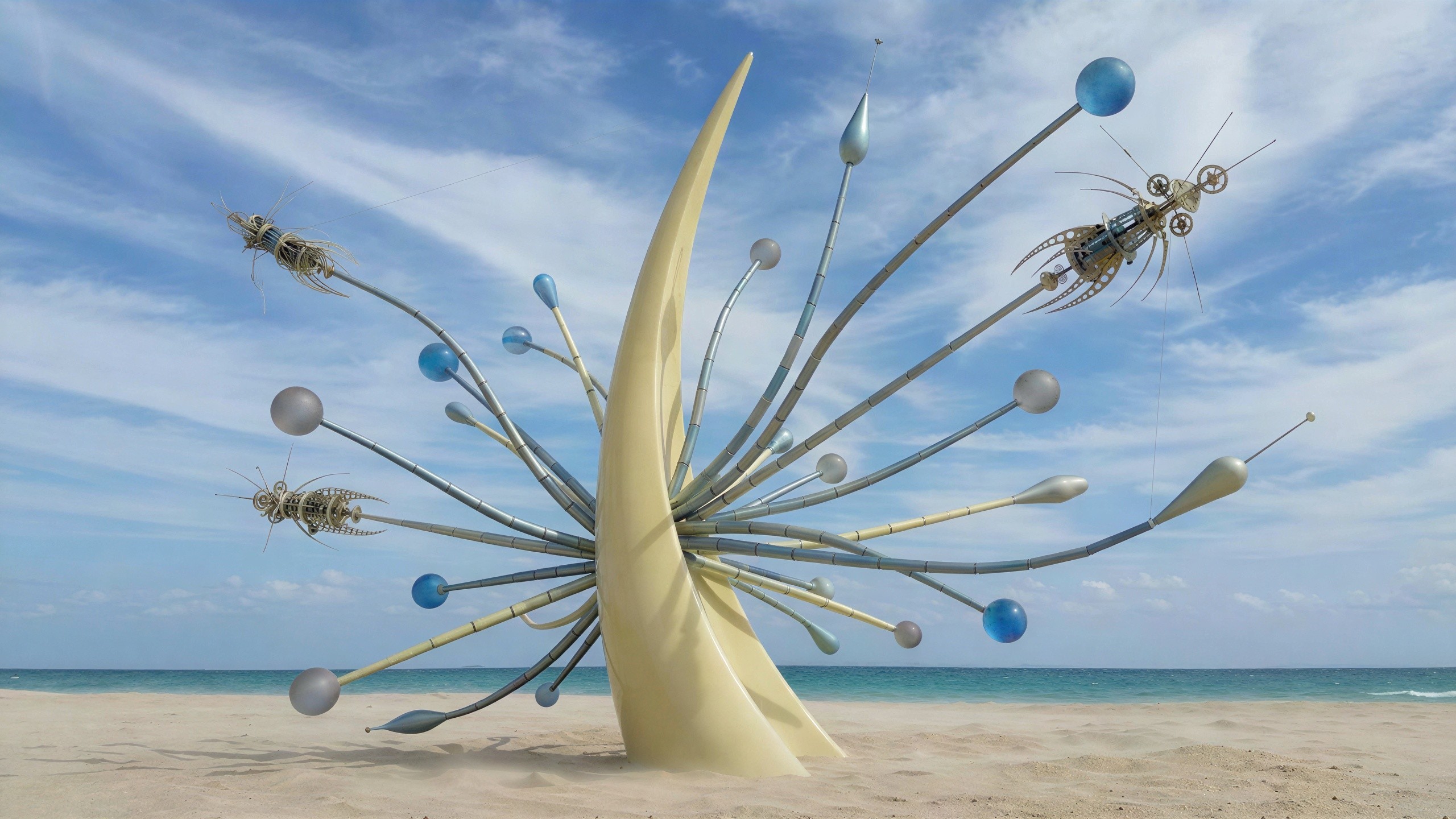 Tall Beige Sculpture with Decorative Rods Against Sky