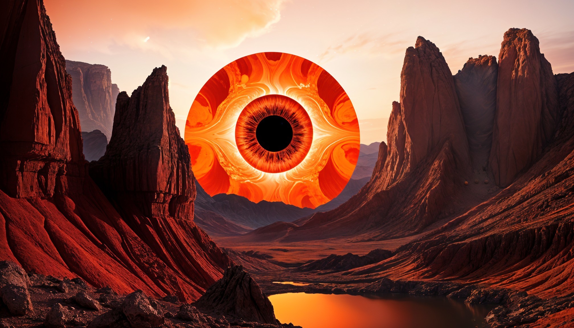 Surreal Landscape with Red Rocks and Abstract Eye