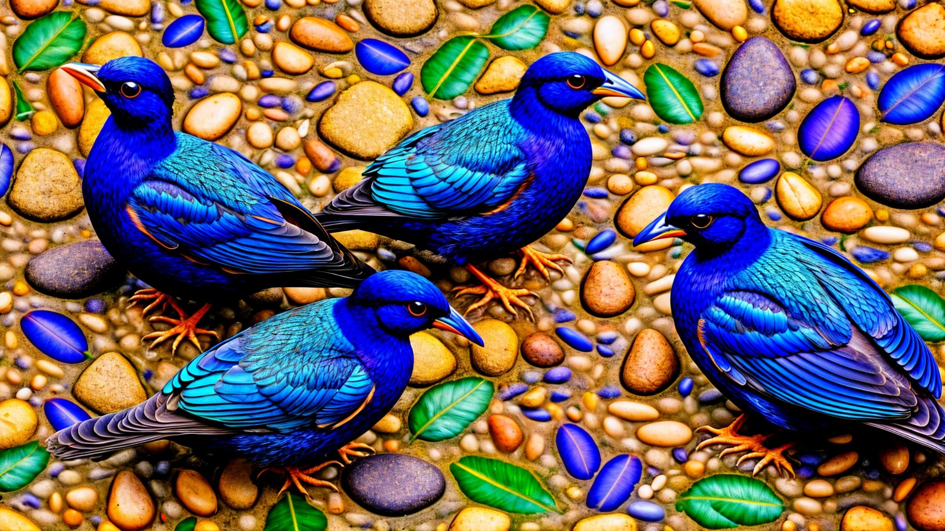 Vibrant Blue Birds on Colorful Pebbles and Leaves