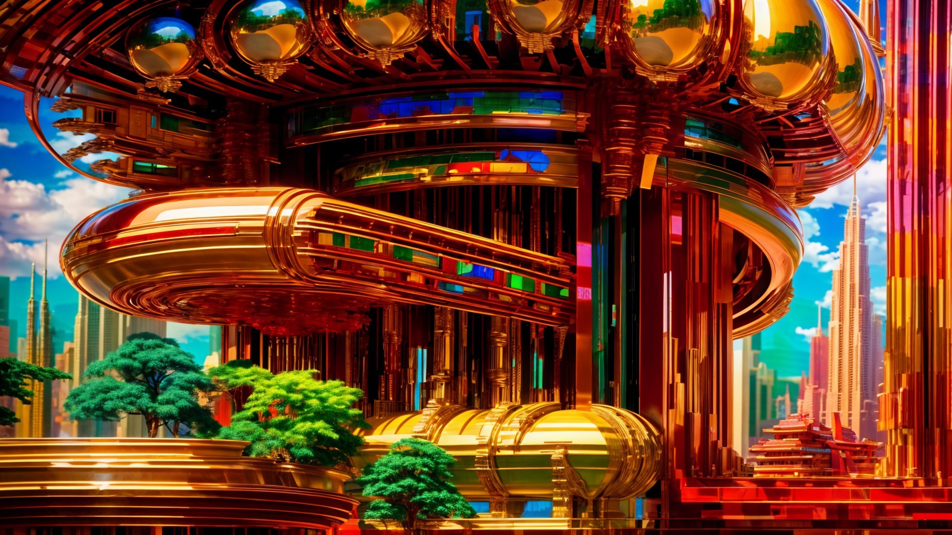 Futuristic cityscape with golden structures and greenery