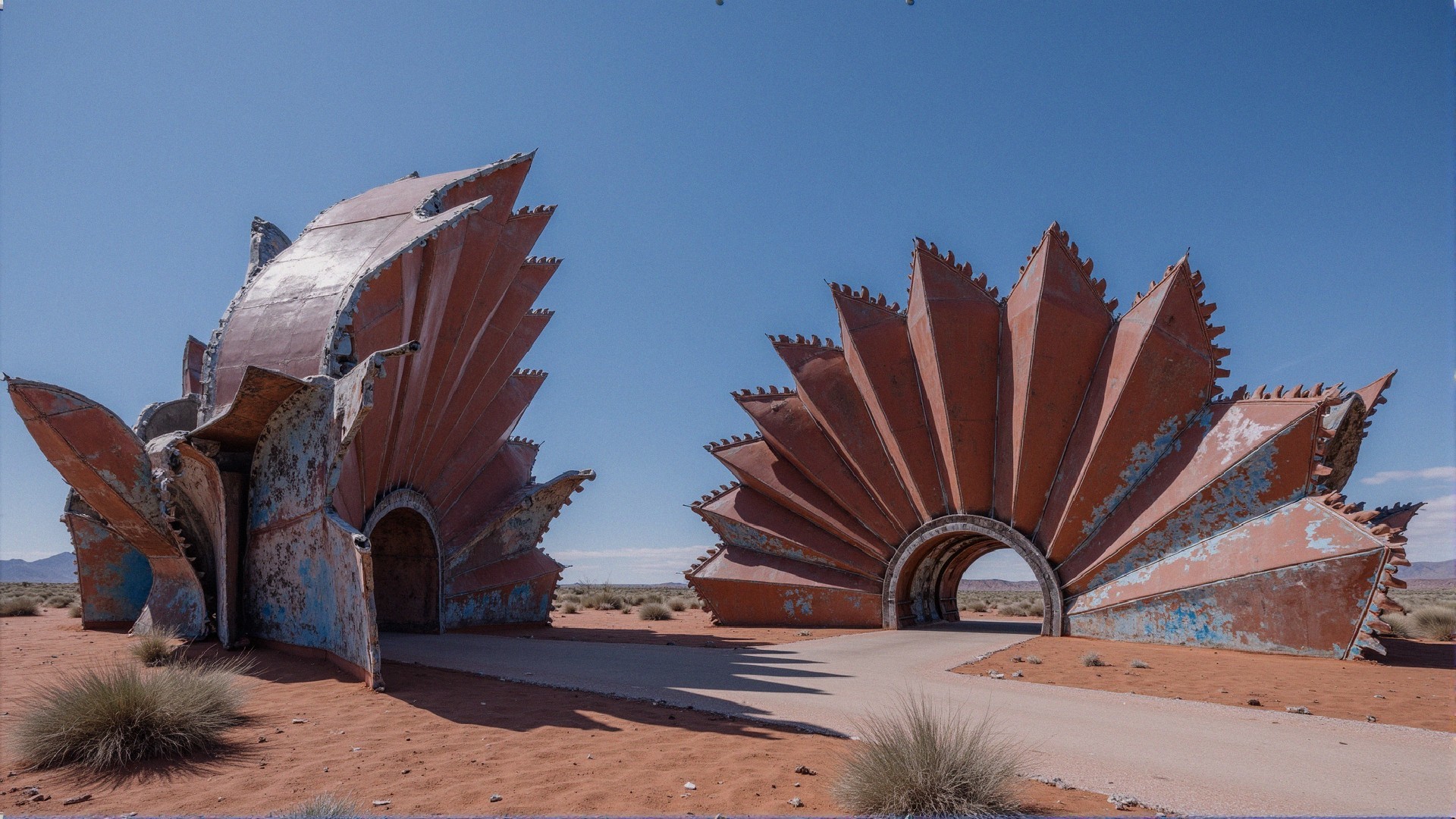 Abstract Metal Structures in Desert Landscape