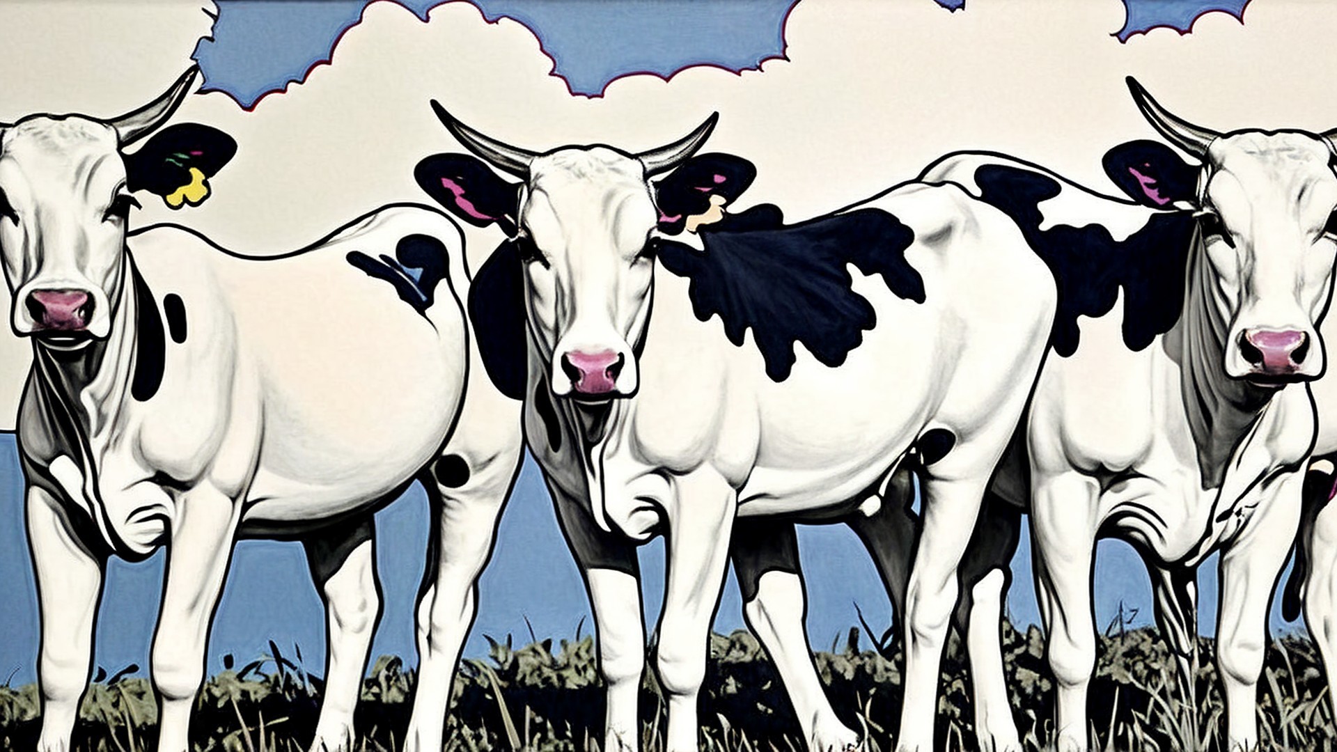 Vibrant Image of Three Cheerful Black-and-White Cows