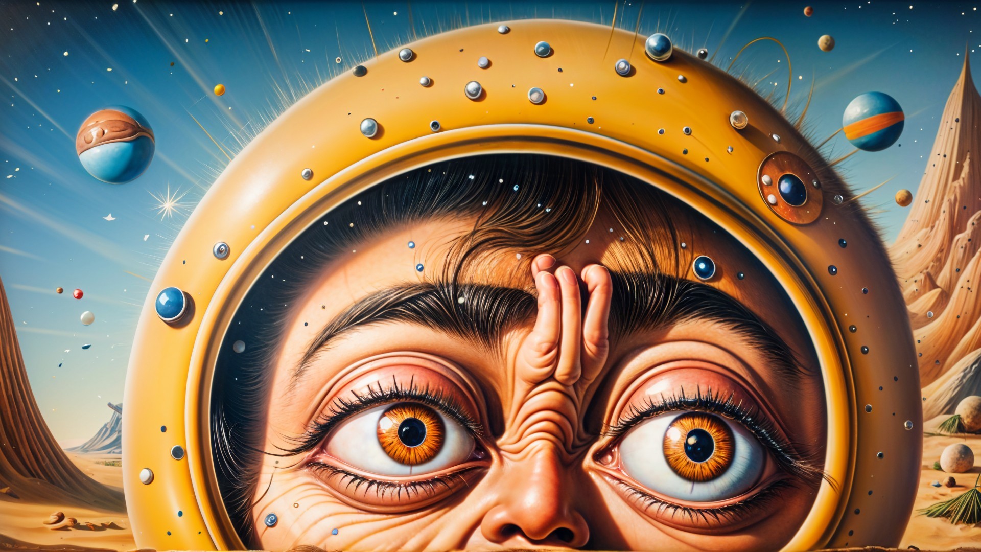 Close-up of a face in a futuristic helmet with planets