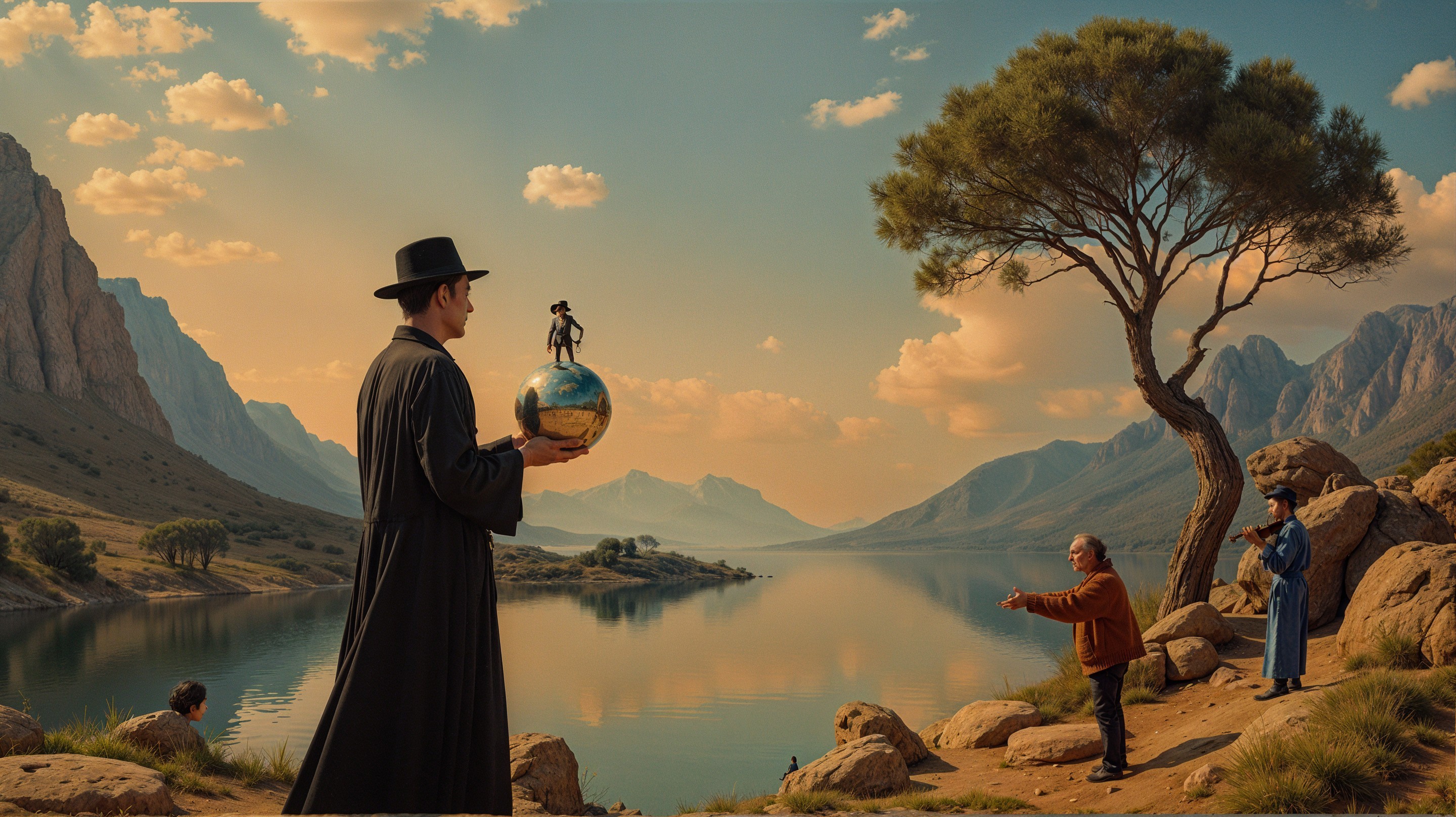 Serene landscape with figures and a miniature globe