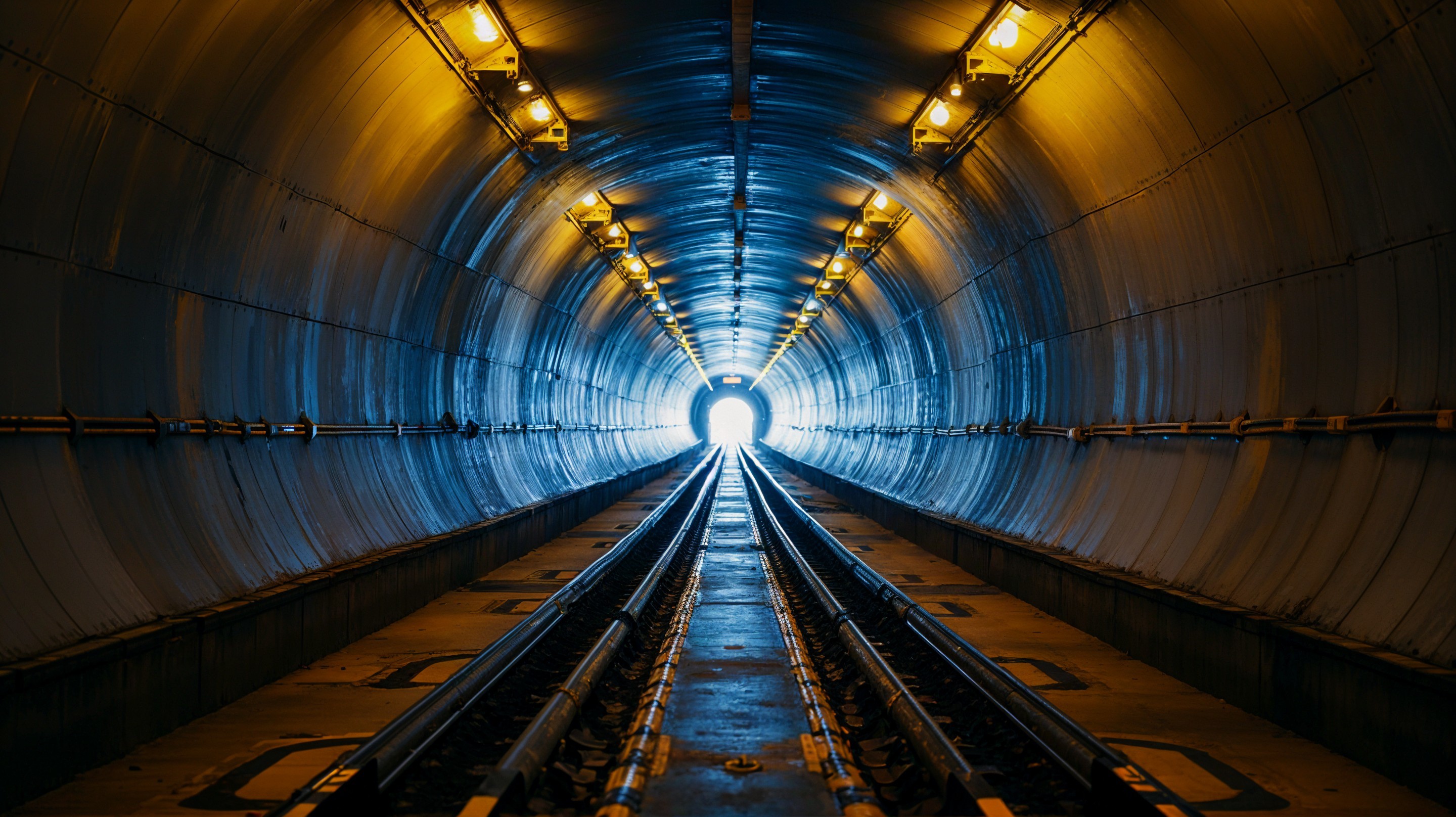 Metallic Tunnel with Warm Lights and Bright Exit