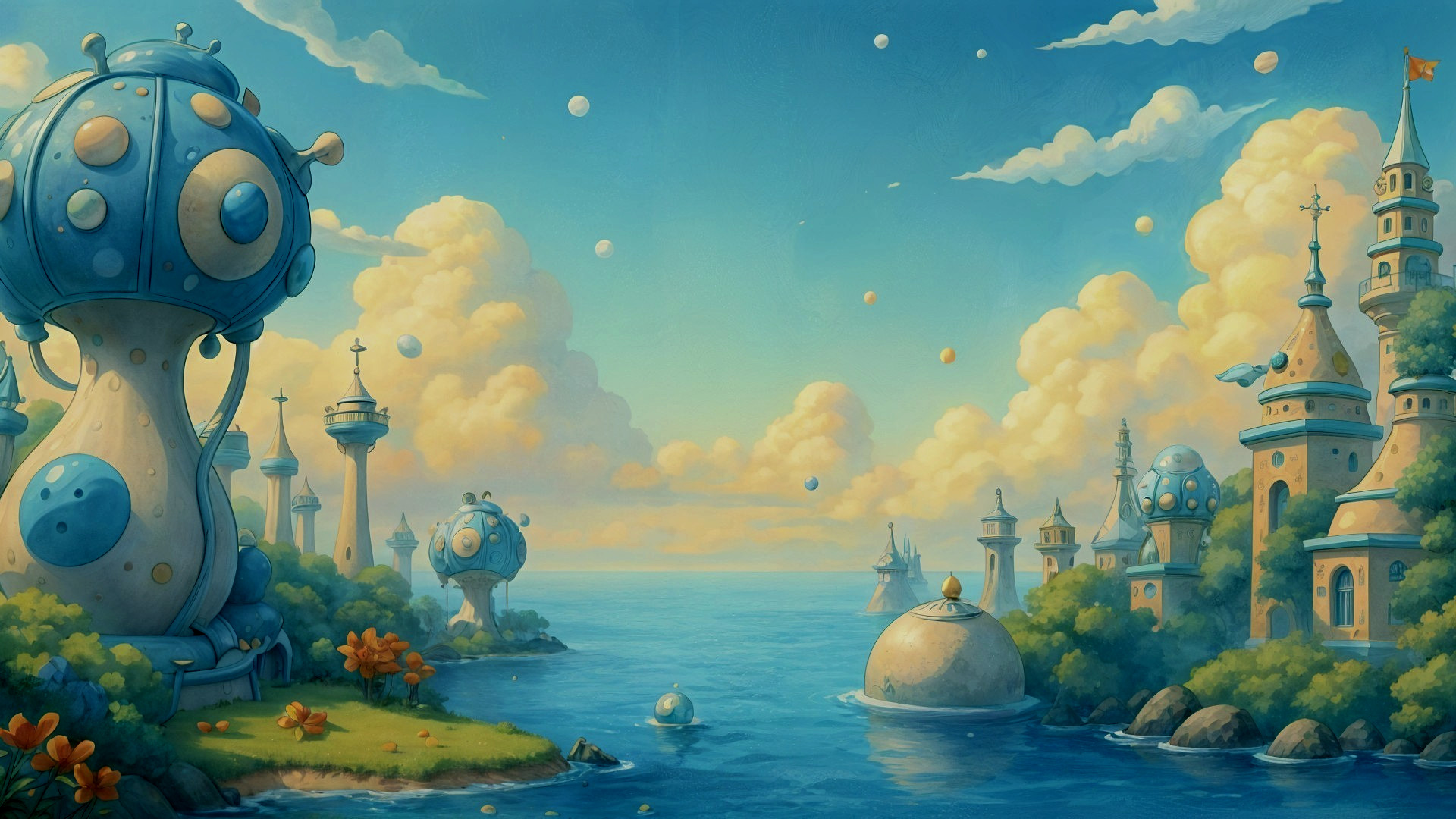 Whimsical Coastal Scene with Futuristic Architecture