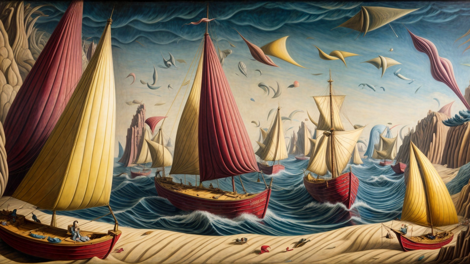 Vibrant Maritime Scene with Sailing Ships and Waves