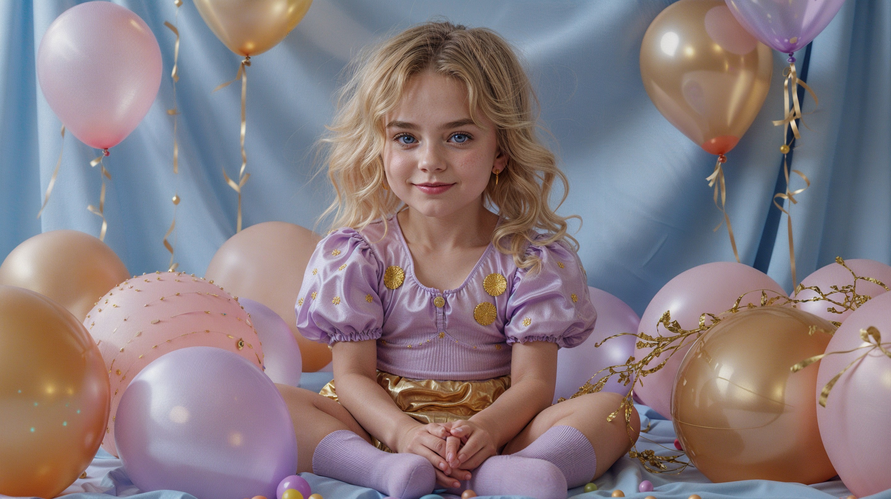 Young girl in pastel decor with colorful balloons