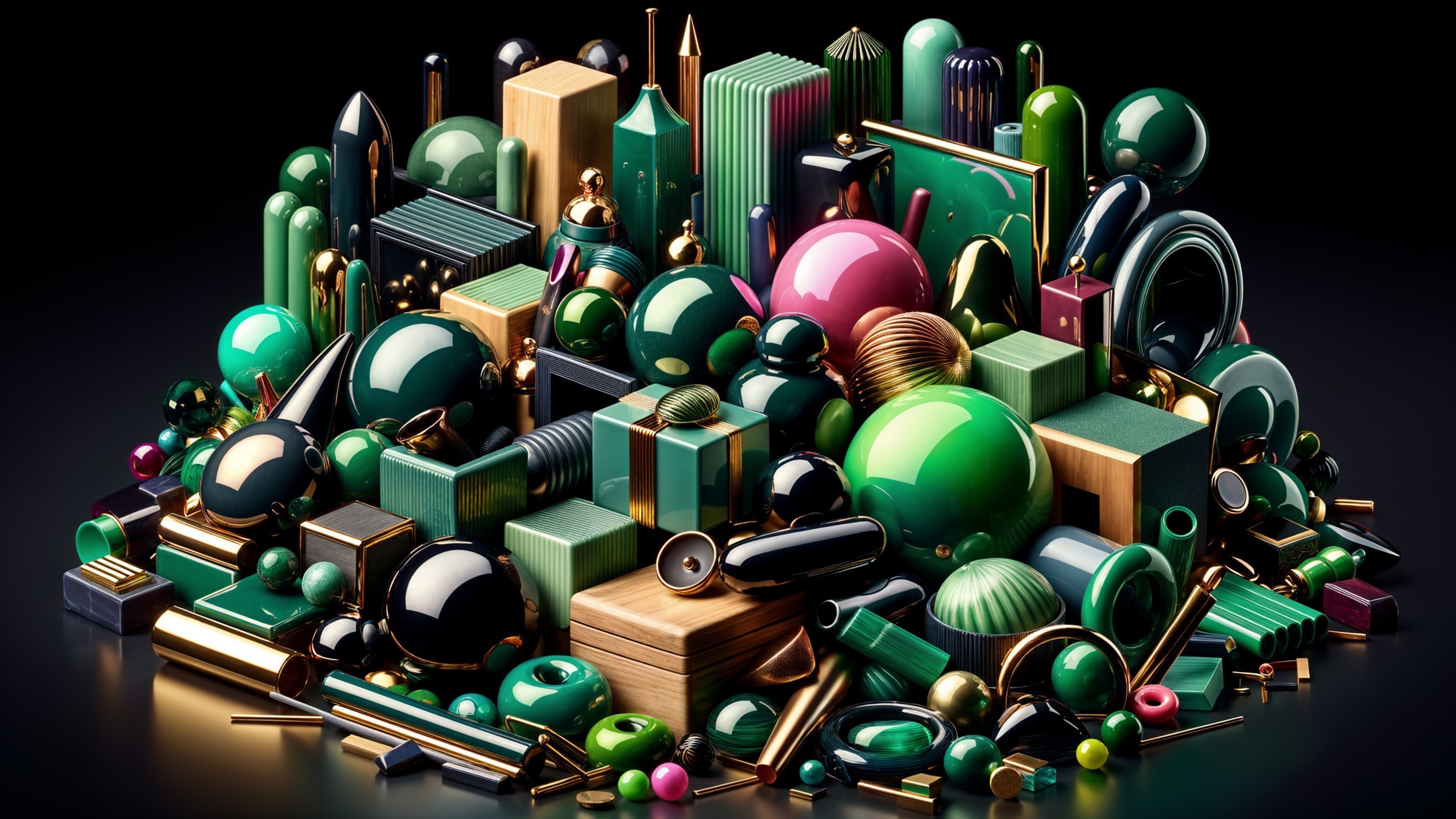 Vibrant 3D Geometric Shapes in Green, Gold, and Black