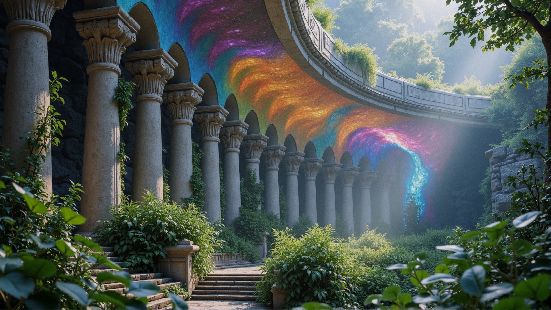 Serene Garden with Stone Columns and Galaxy Colors